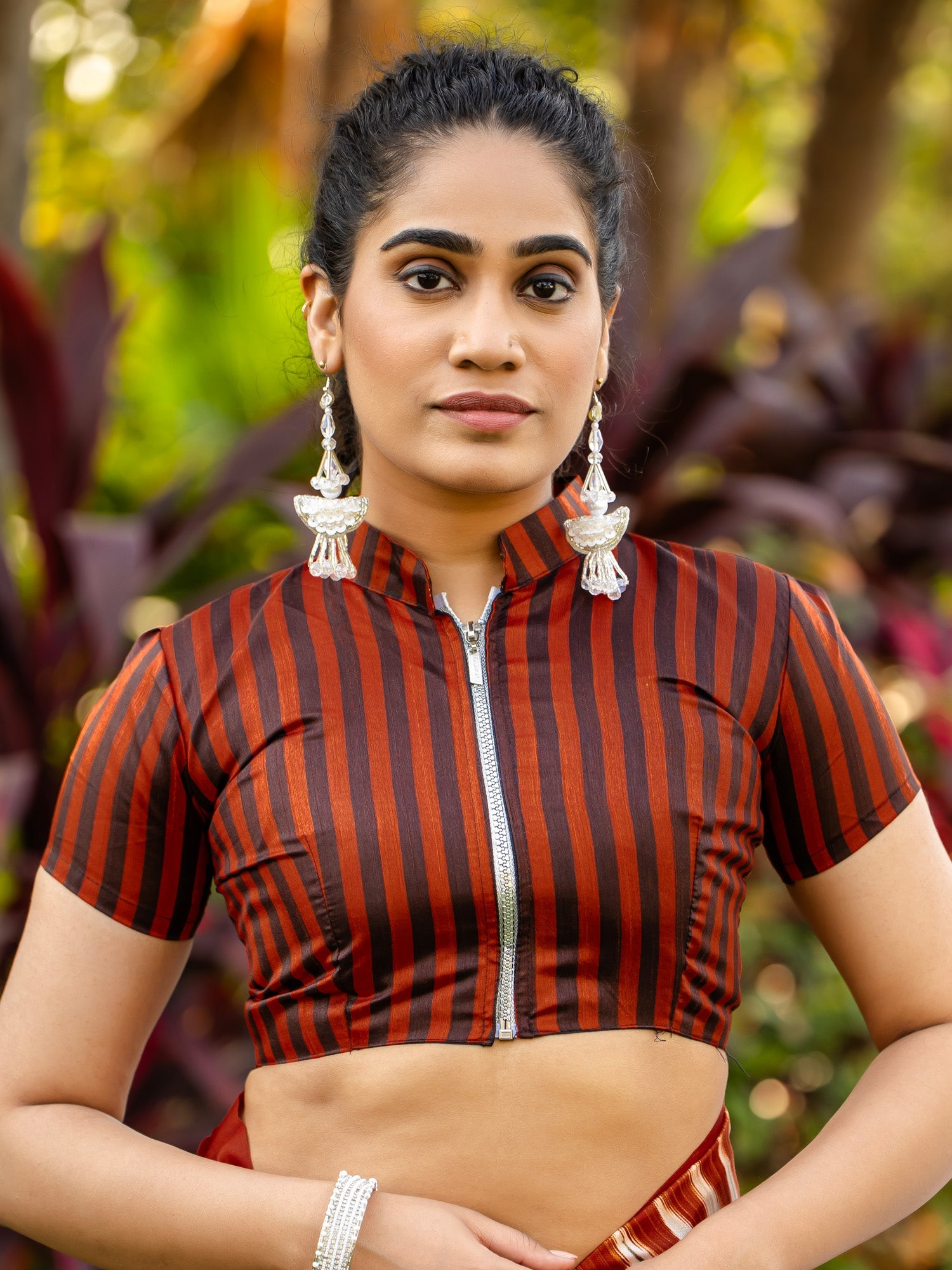 Ivory Chennaipattu Silk Saree with Gold Stripe Body, Feathered Ikat Maroon Border, Diamond Medallion Pallu & Stripe Zip Blouse - Ressa