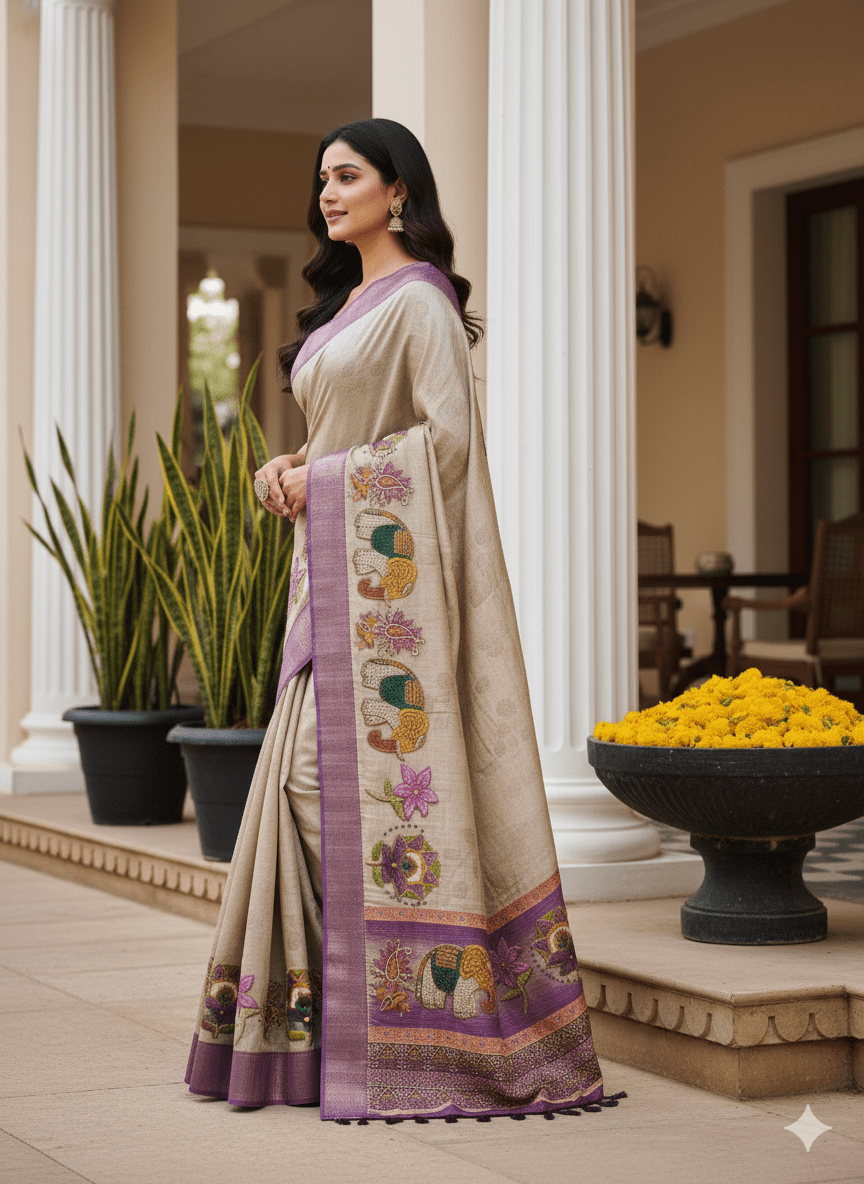 Ivory Cotton Linen Digital Printed Saree - Ressa