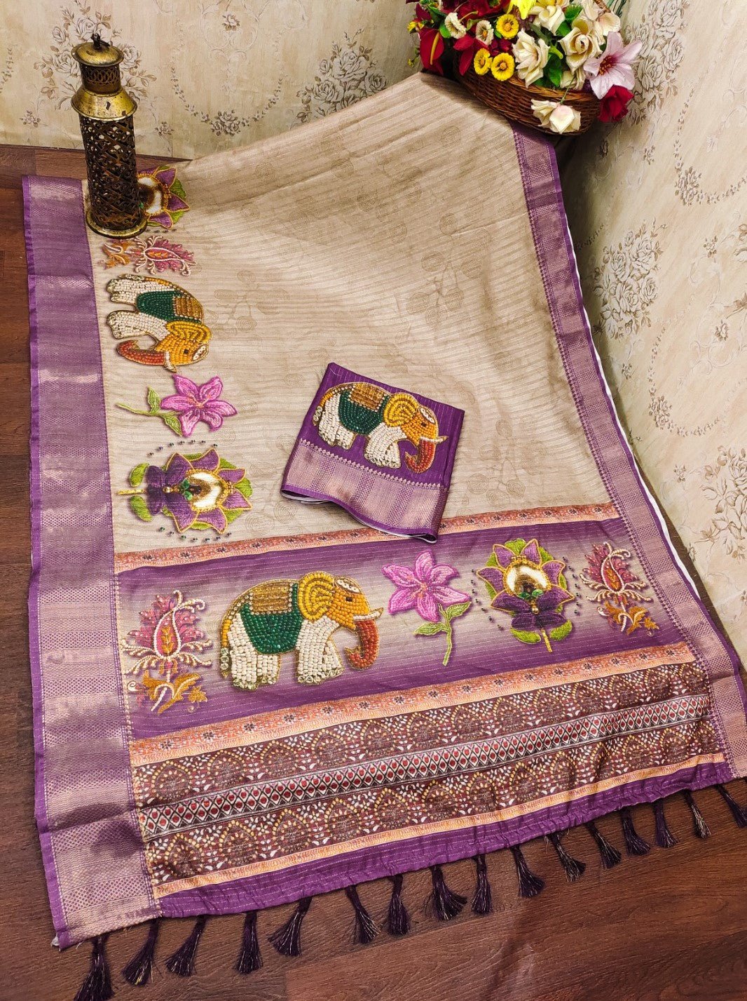 Ivory Cotton Linen Digital Printed Saree - Ressa