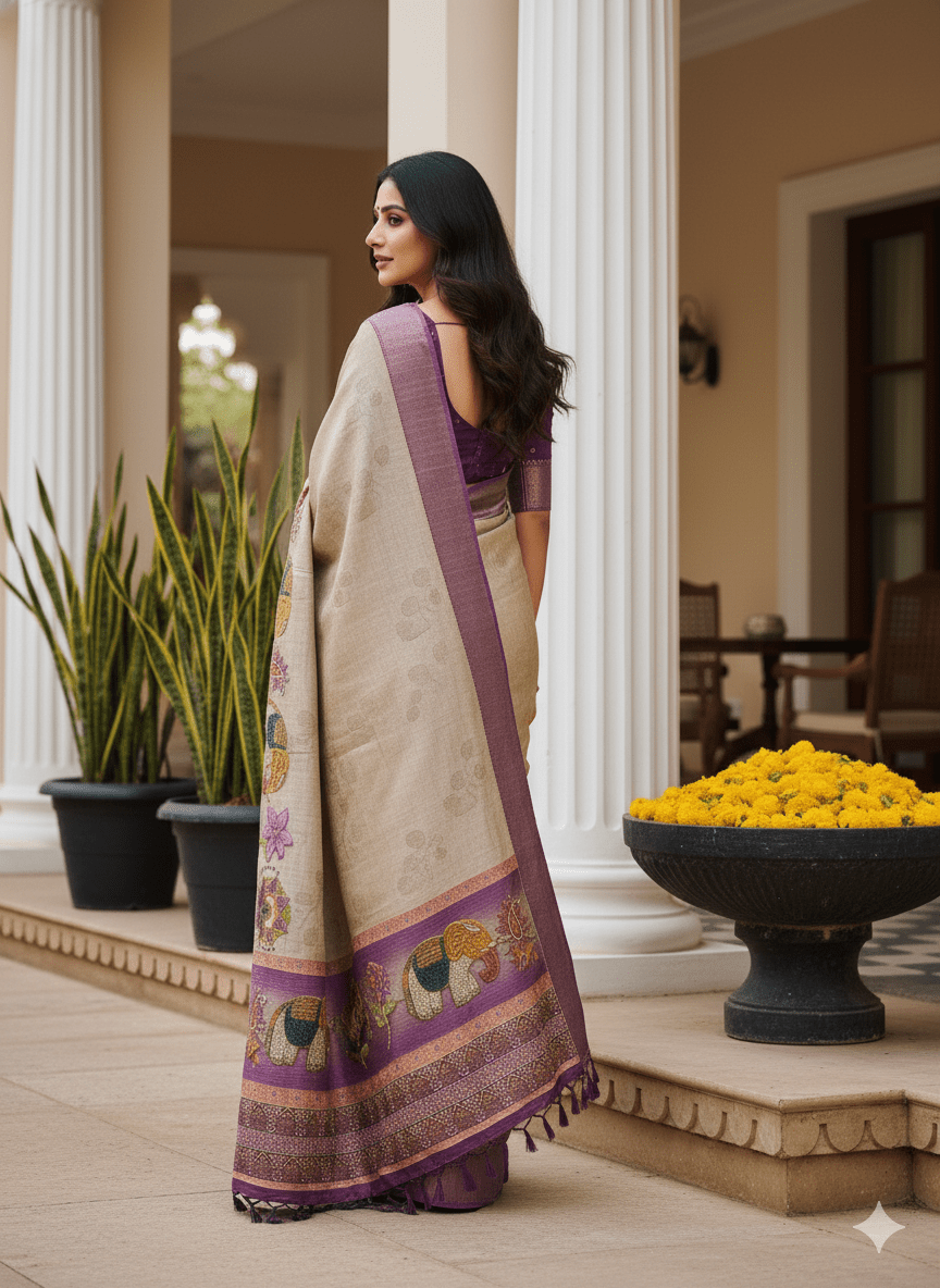 Ivory Cotton Linen Digital Printed Saree - Ressa