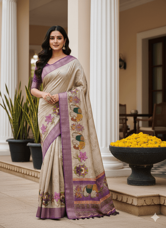 Ivory Cotton Linen Digital Printed Saree - Ressa