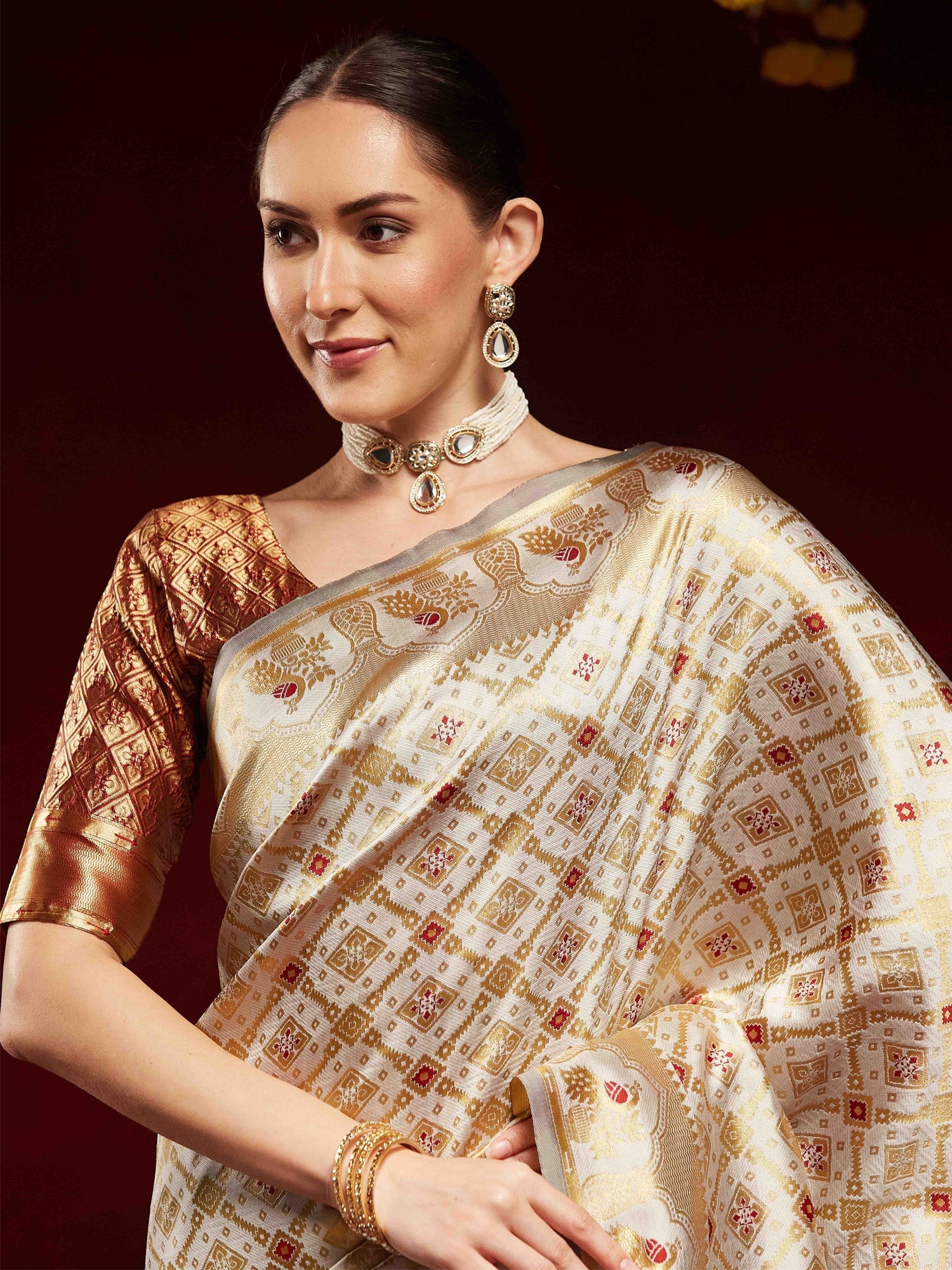 Ivory Cream Banarasi Silk Saree - Ressa