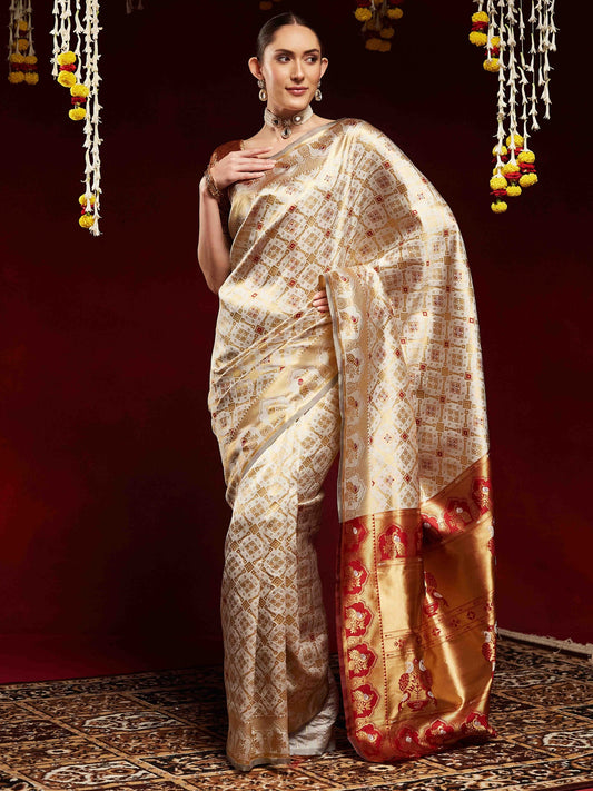 Ivory Cream Banarasi Silk Saree - Ressa