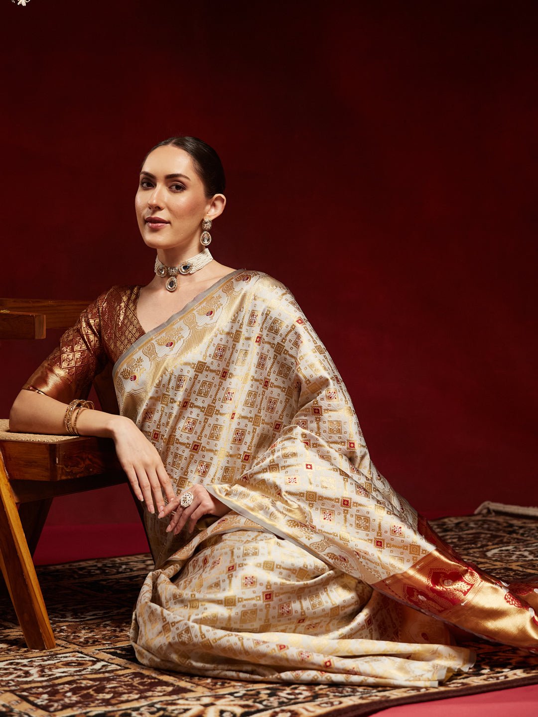 Ivory Cream Banarasi Silk Saree - Ressa
