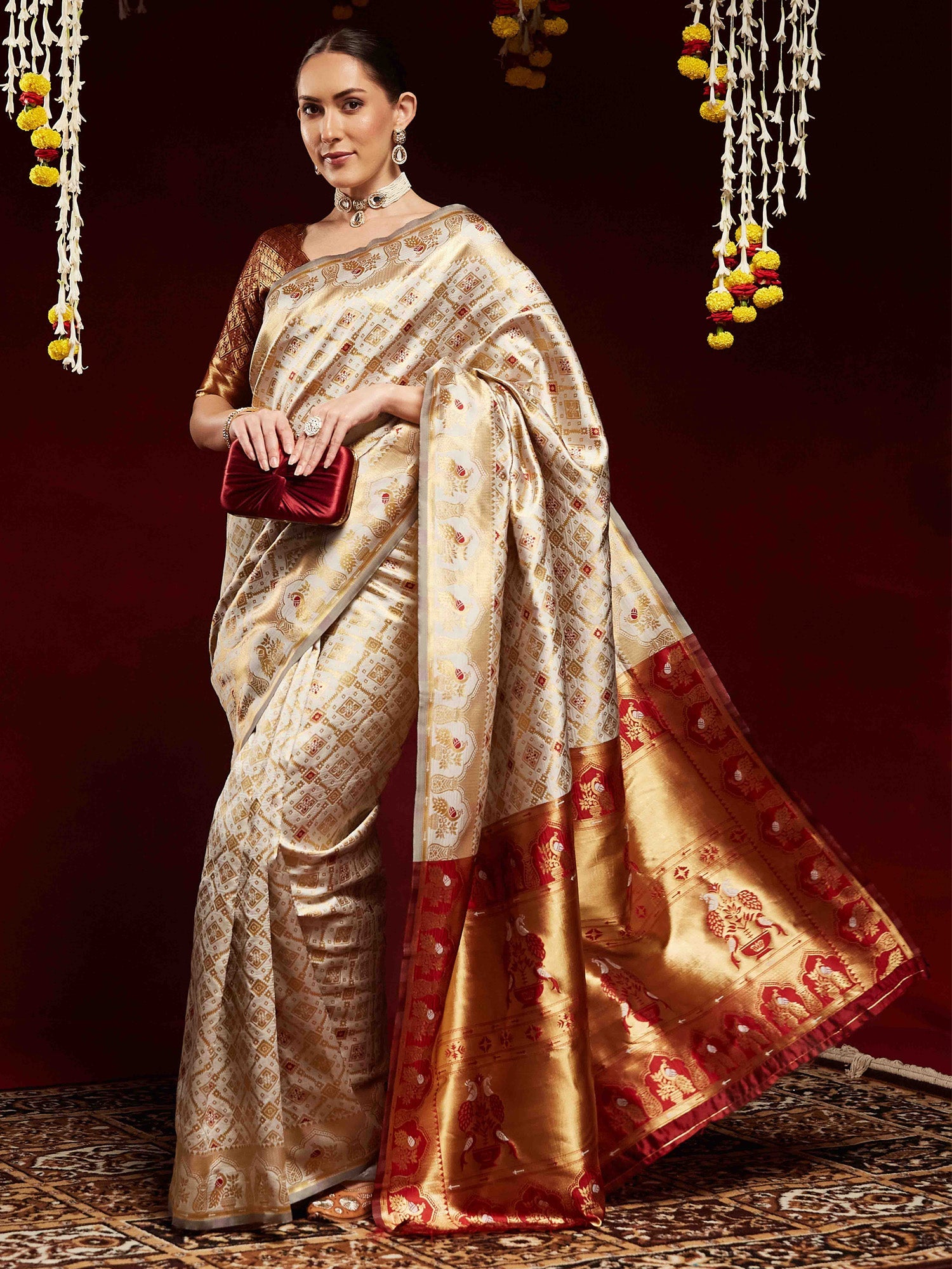 Ivory Cream Banarasi Silk Saree - Ressa
