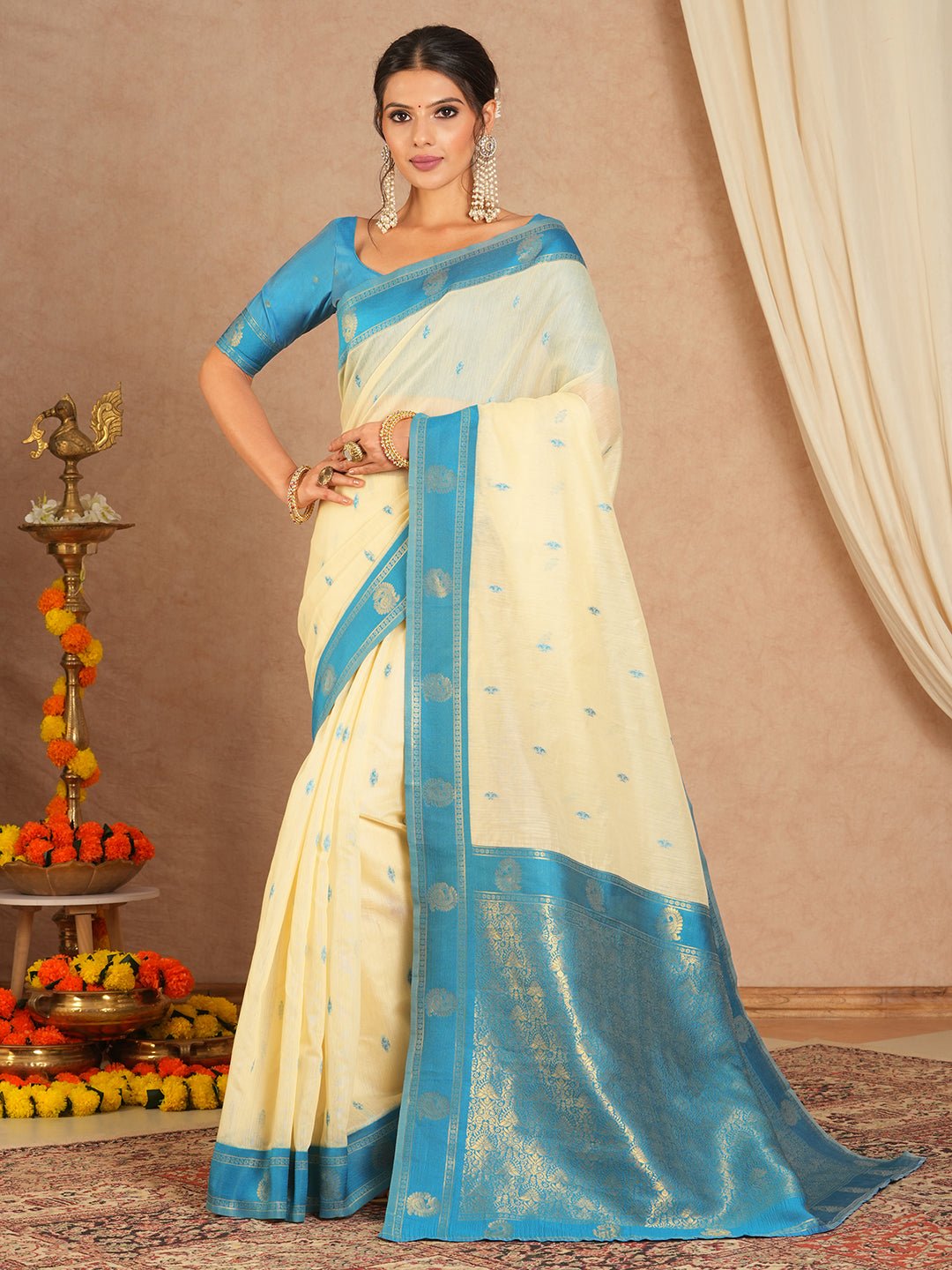 Ivory Cream Kanjivaram Pure Silk Saree - Ressa