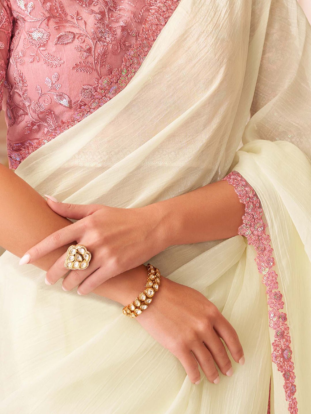 Ivory Embellished Sequinned Pure Chiffon Saree - Ressa