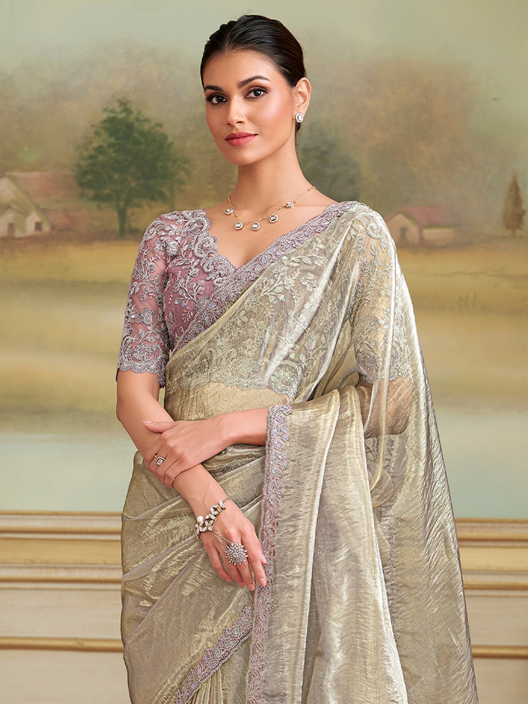 Ivory Embellished Sequinned Pure Chiffon Saree - Ressa