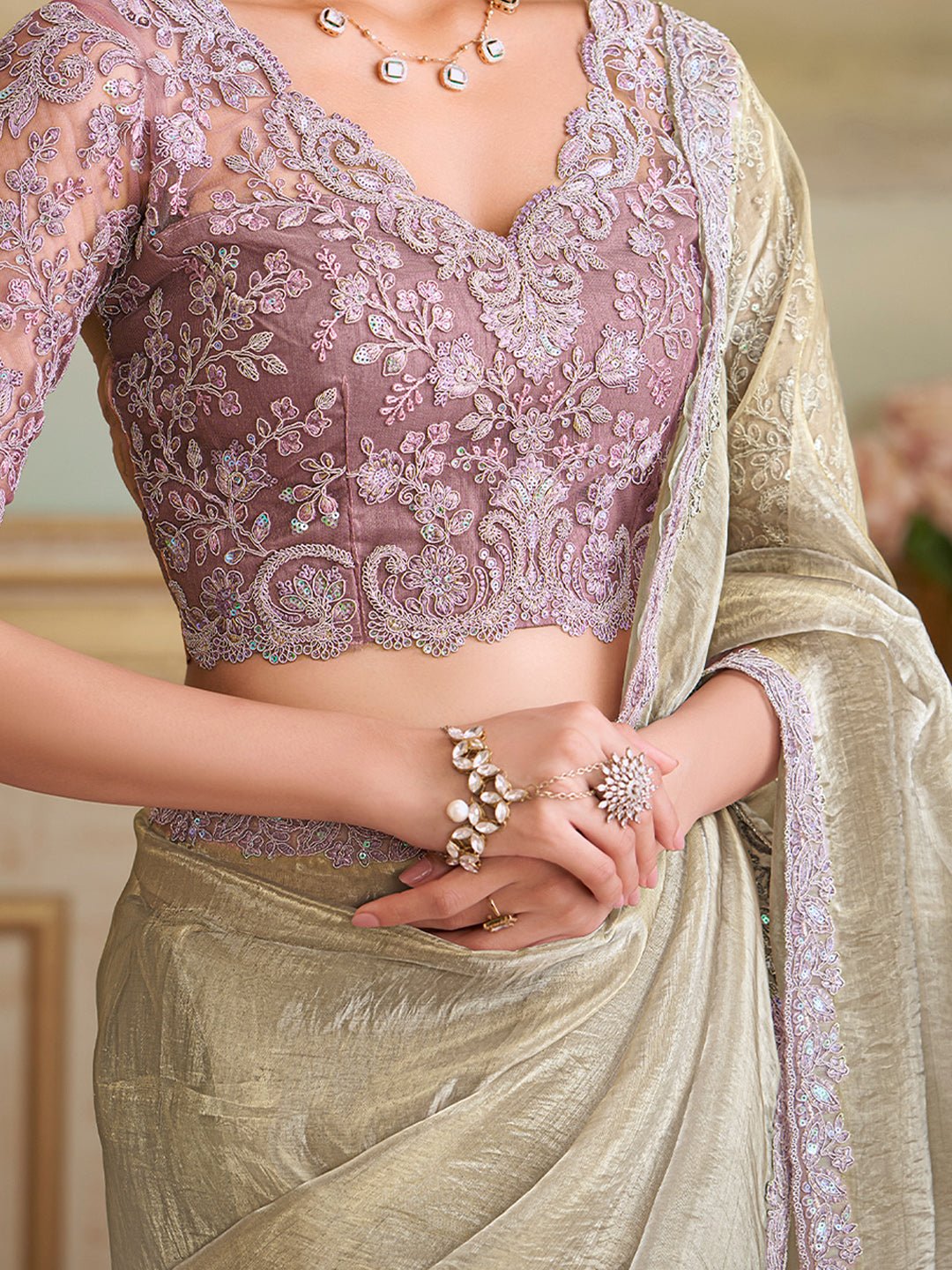 Ivory Embellished Sequinned Pure Chiffon Saree - Ressa