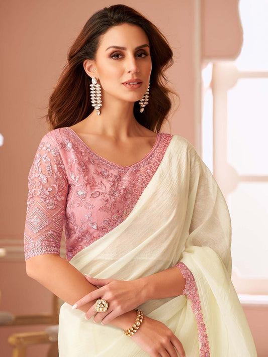 Ivory Embellished Sequinned Pure Chiffon Saree - Ressa