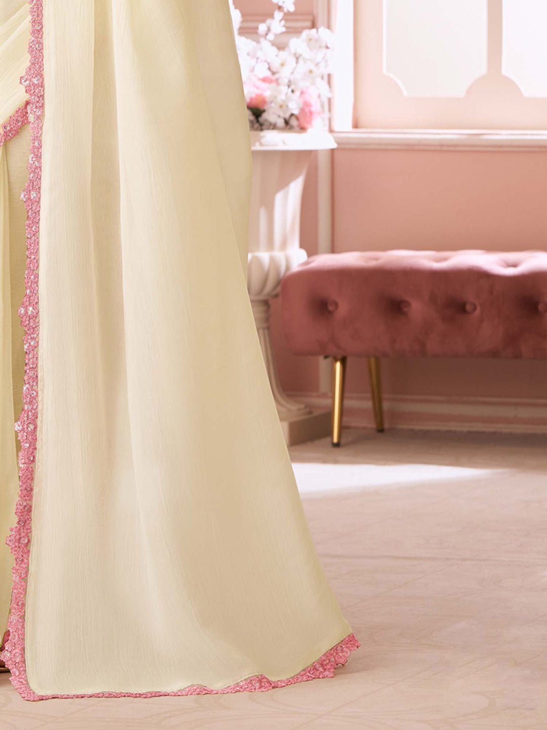 Ivory Embellished Sequinned Pure Chiffon Saree - Ressa
