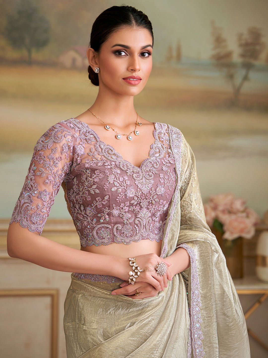 Ivory Embellished Sequinned Pure Chiffon Saree - Ressa