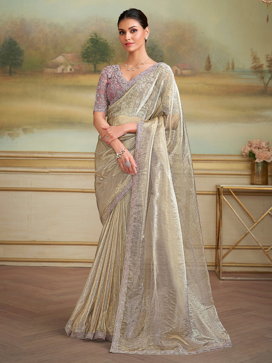 Ivory Embellished Sequinned Pure Chiffon Saree - Ressa