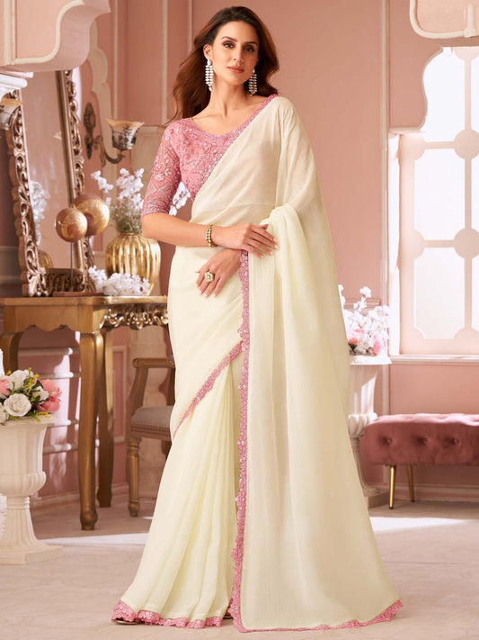 Ivory Embellished Sequinned Pure Chiffon Saree - Ressa