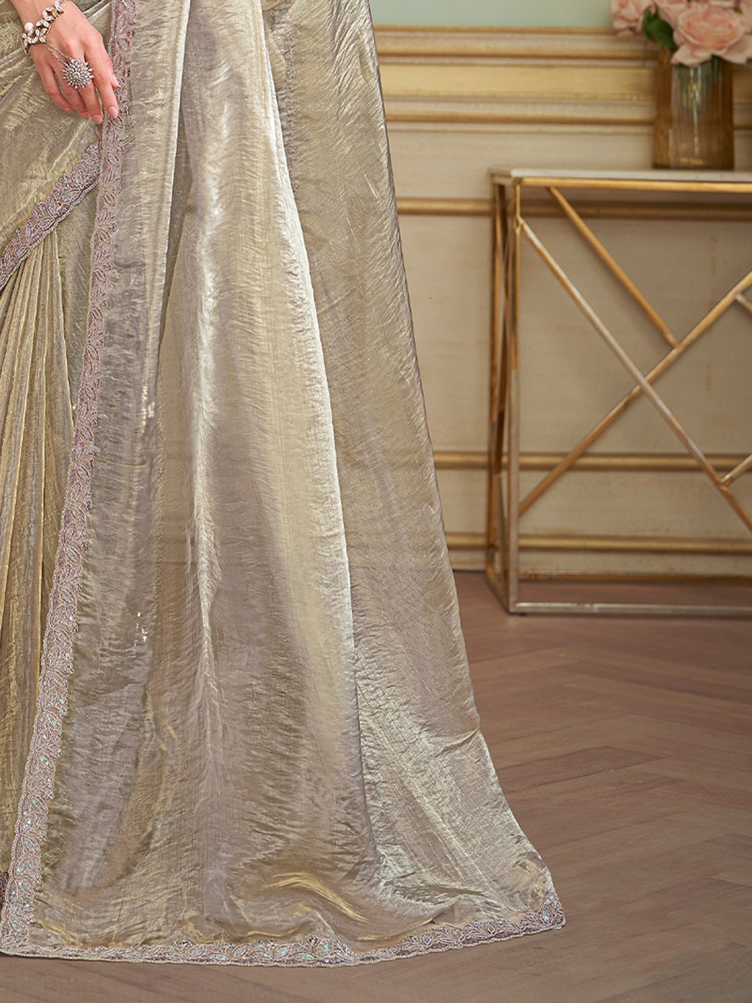 Ivory Embellished Sequinned Pure Chiffon Saree - Ressa