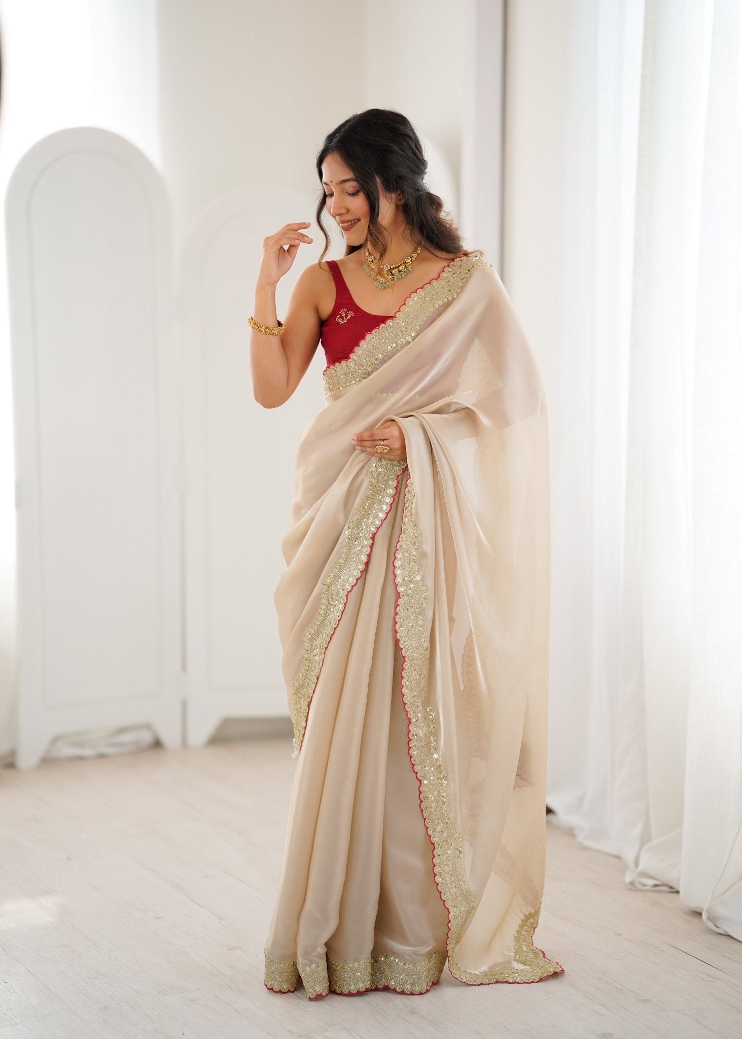 Ivory Embroidered Satin Saree - Ressa