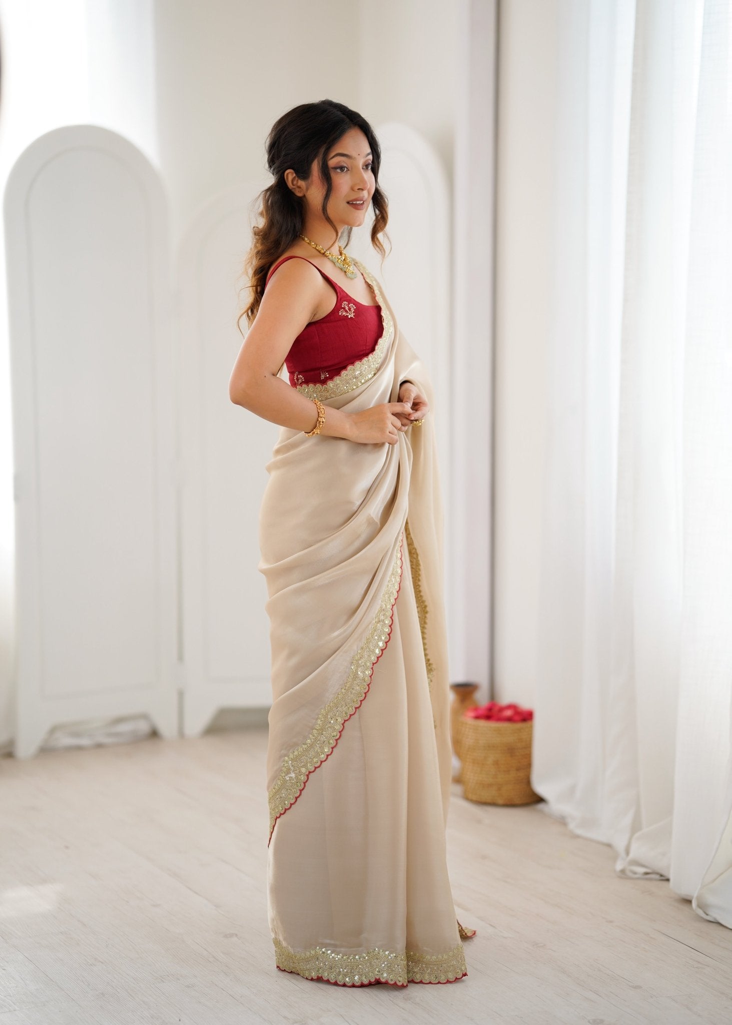 Ivory Embroidered Satin Saree - Ressa