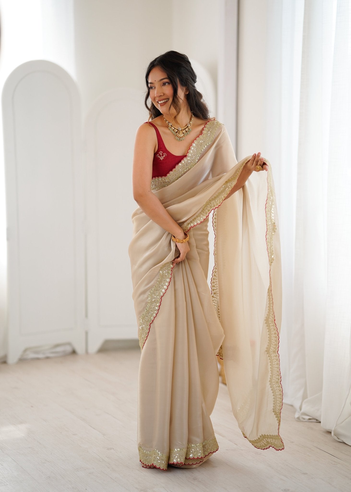 Ivory Embroidered Satin Saree - Ressa