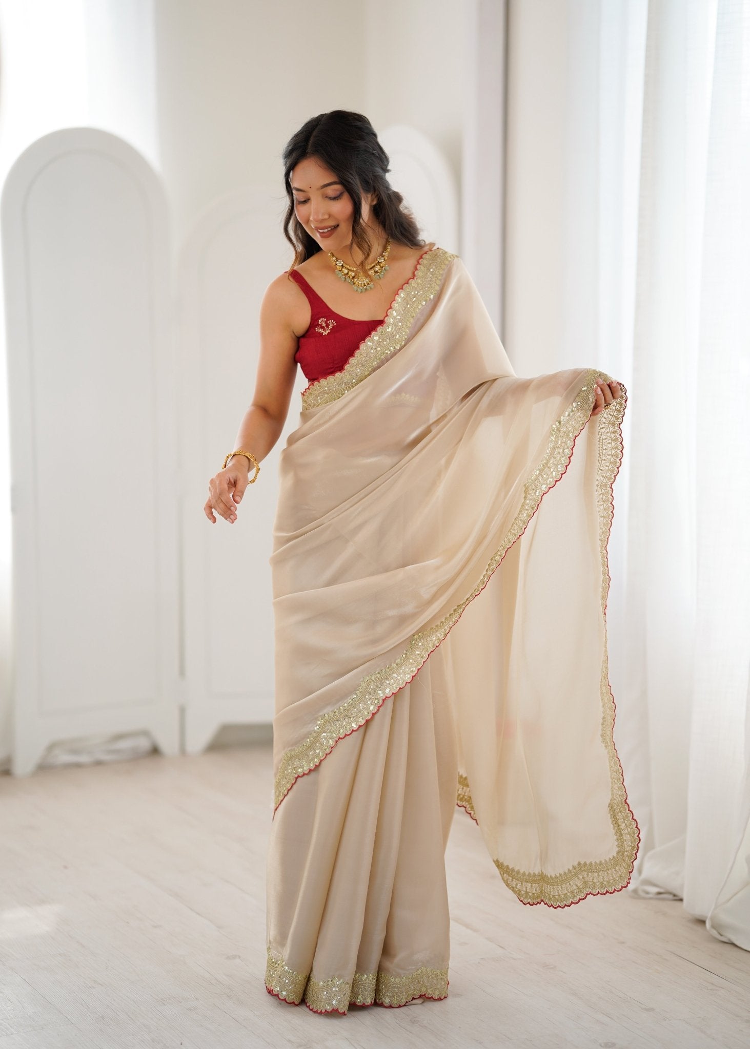 Ivory Embroidered Satin Saree - Ressa