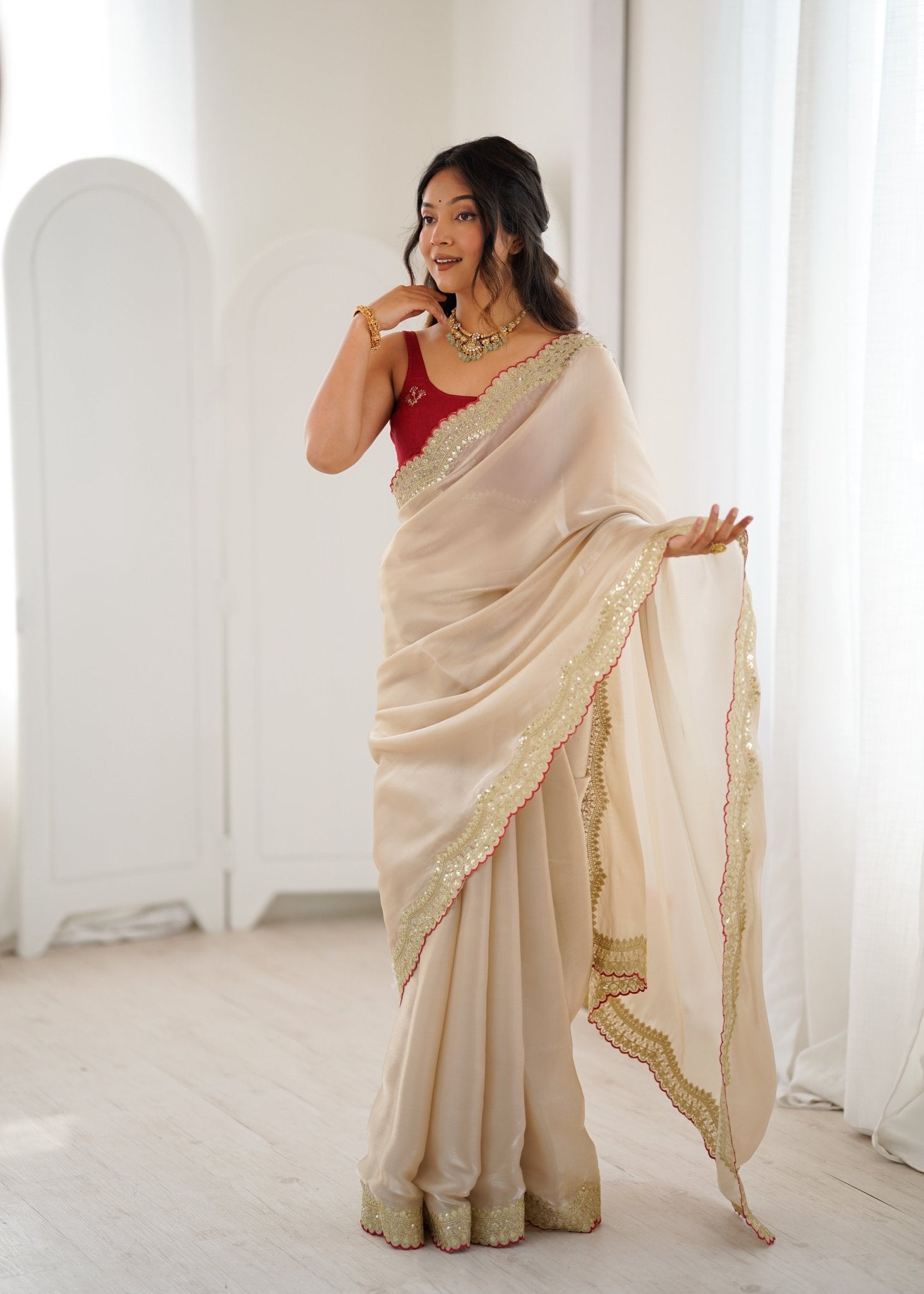 Ivory Embroidered Satin Saree - Ressa