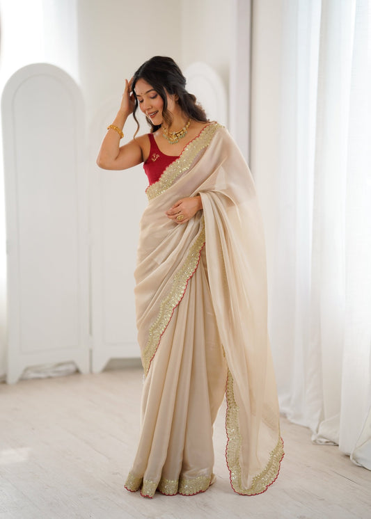 Ivory Embroidered Satin Saree - Ressa