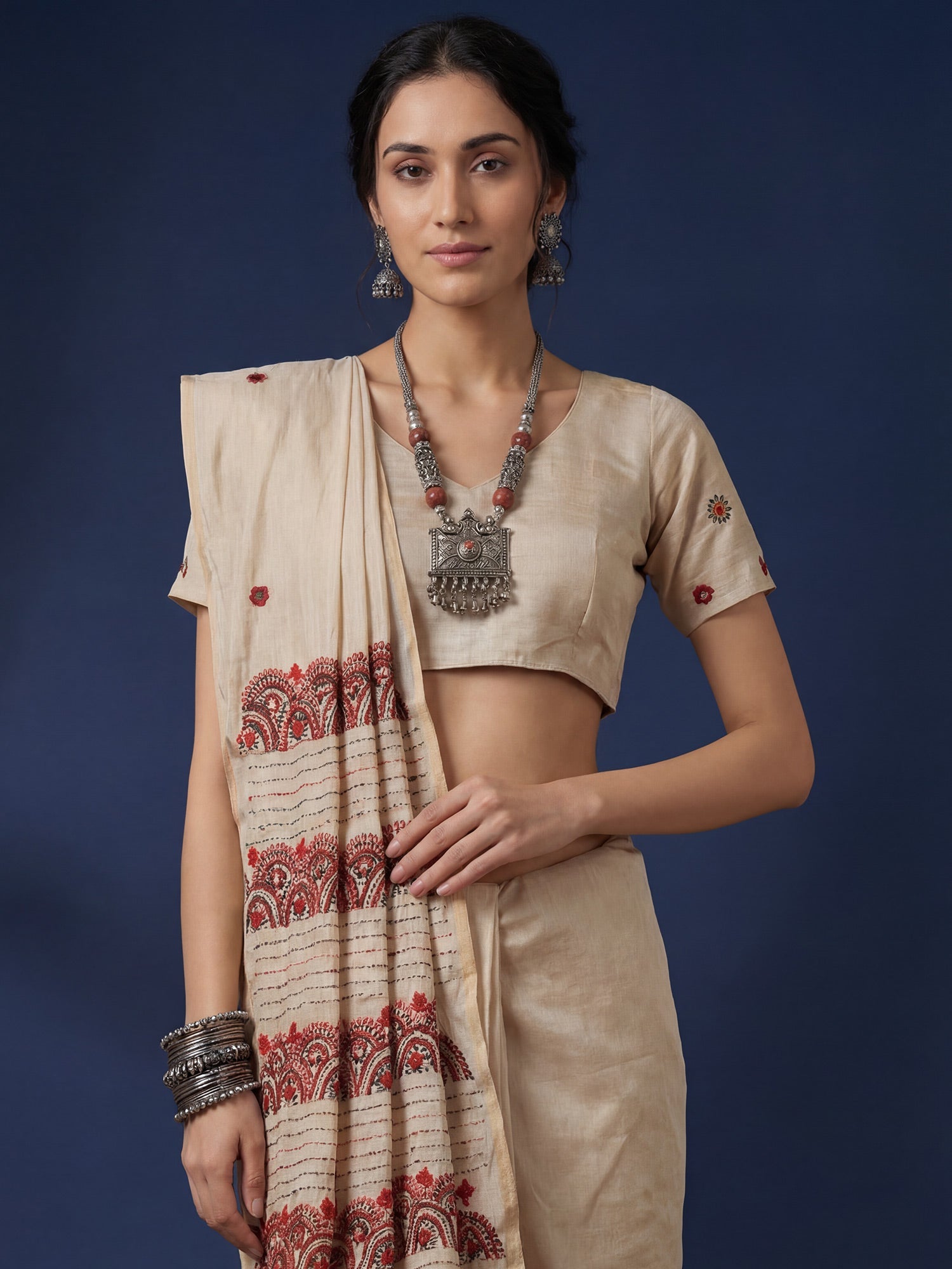Ivory Embroidered Tussar Silk Saree - Ressa