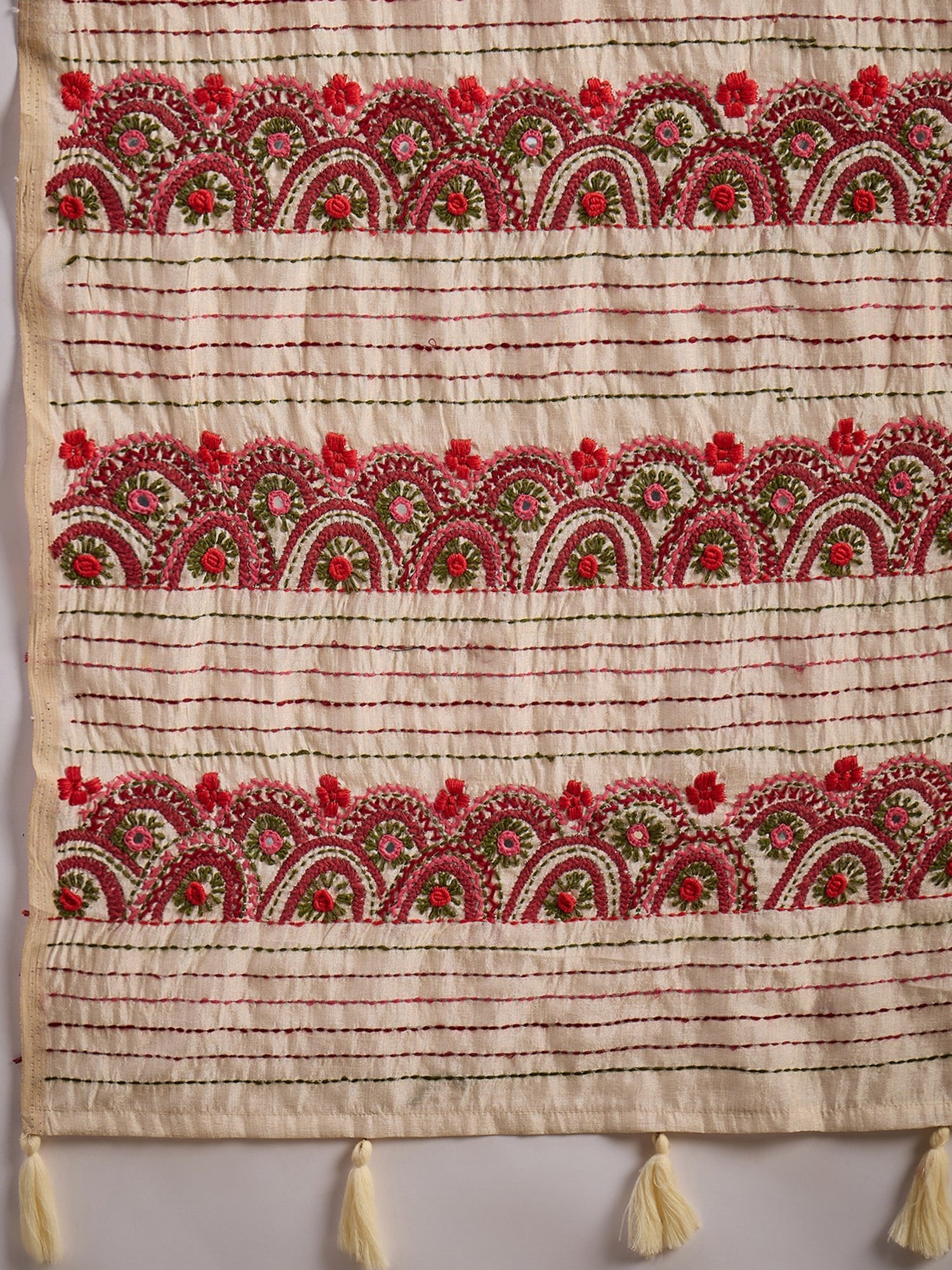 Ivory Embroidered Tussar Silk Saree - Ressa