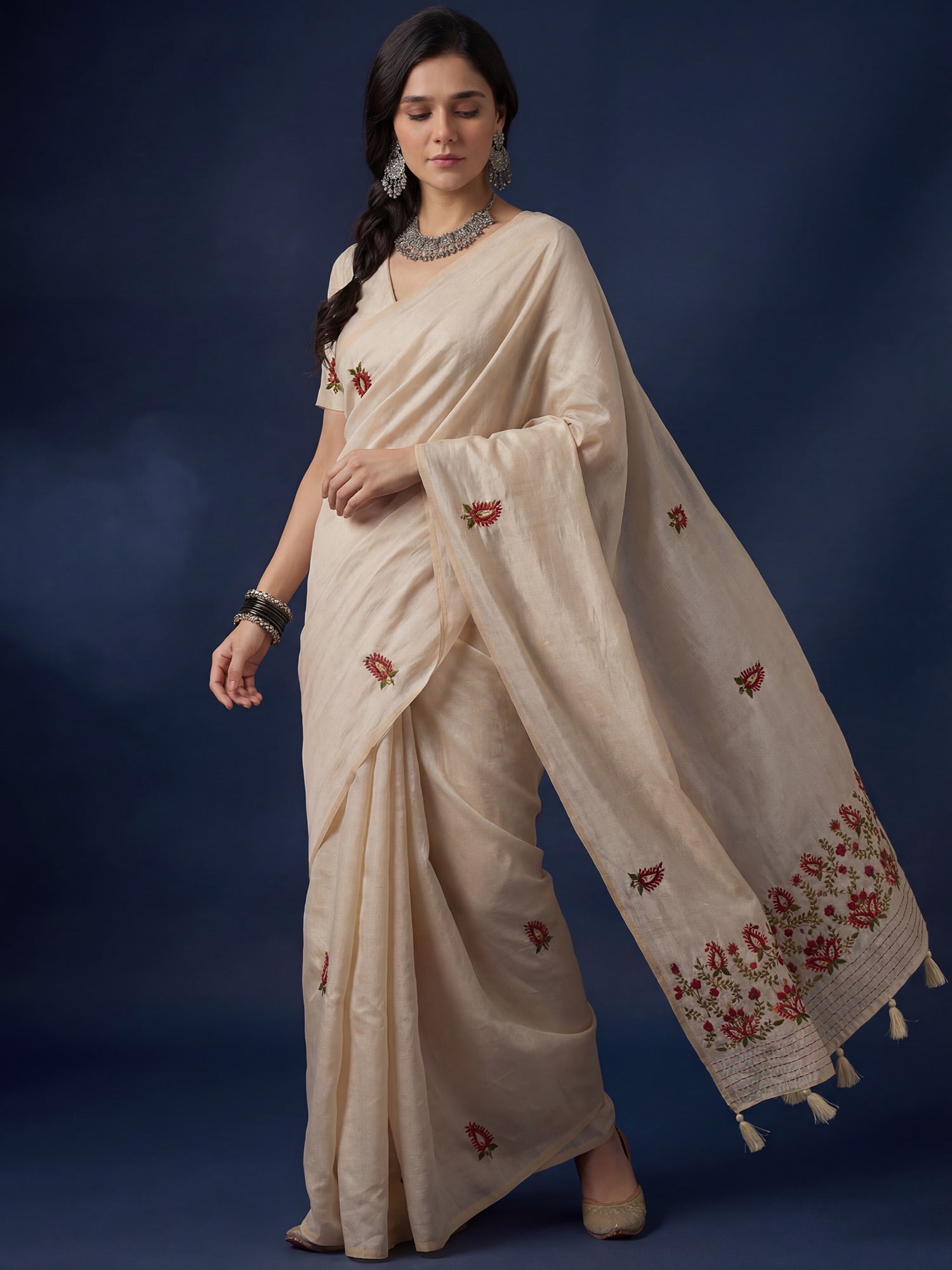 Ivory Embroidered Tussar Silk Saree - Ressa