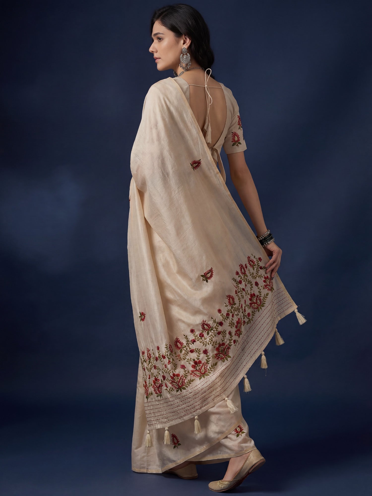 Ivory Embroidered Tussar Silk Saree - Ressa