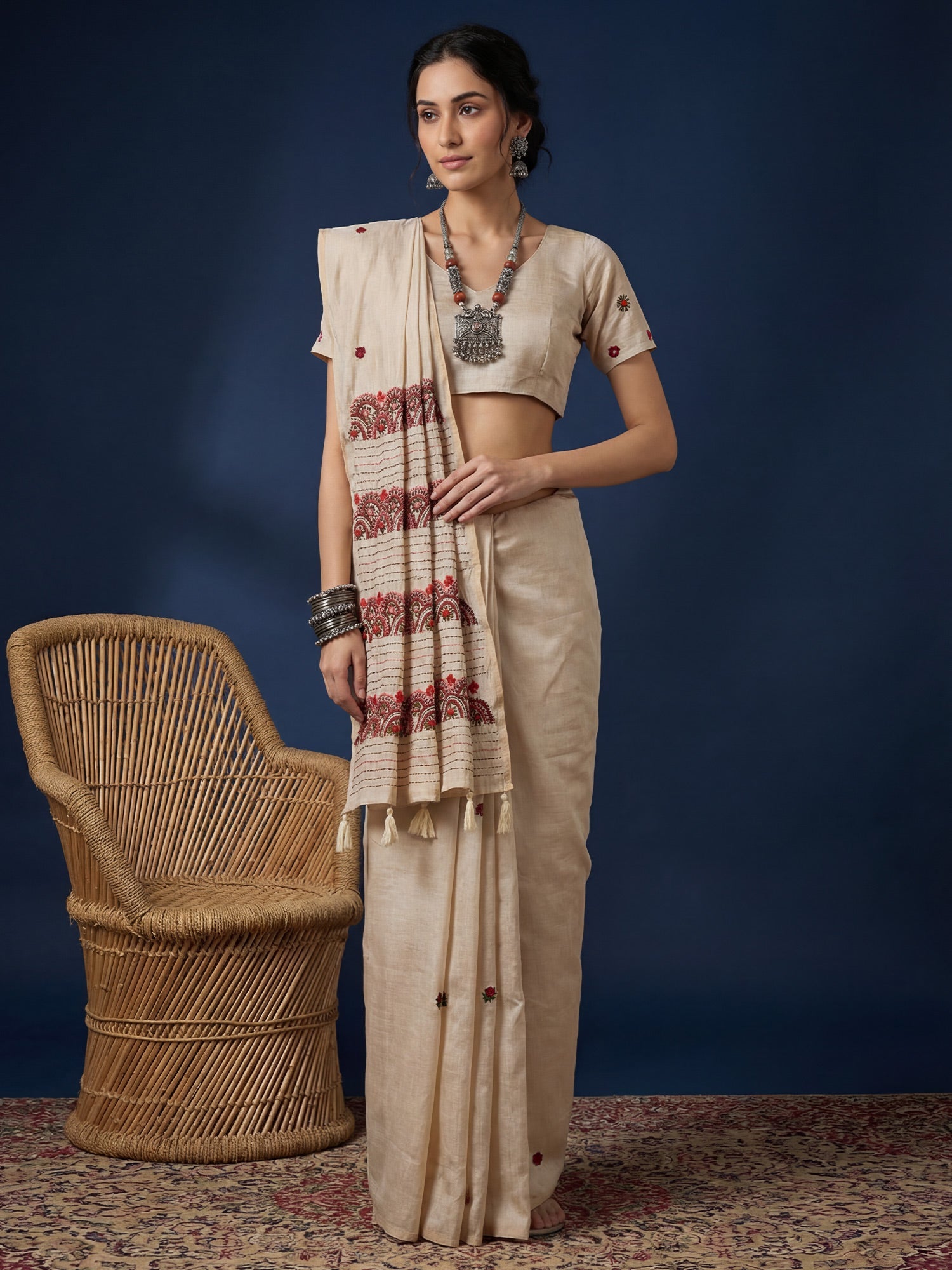 Ivory Embroidered Tussar Silk Saree - Ressa