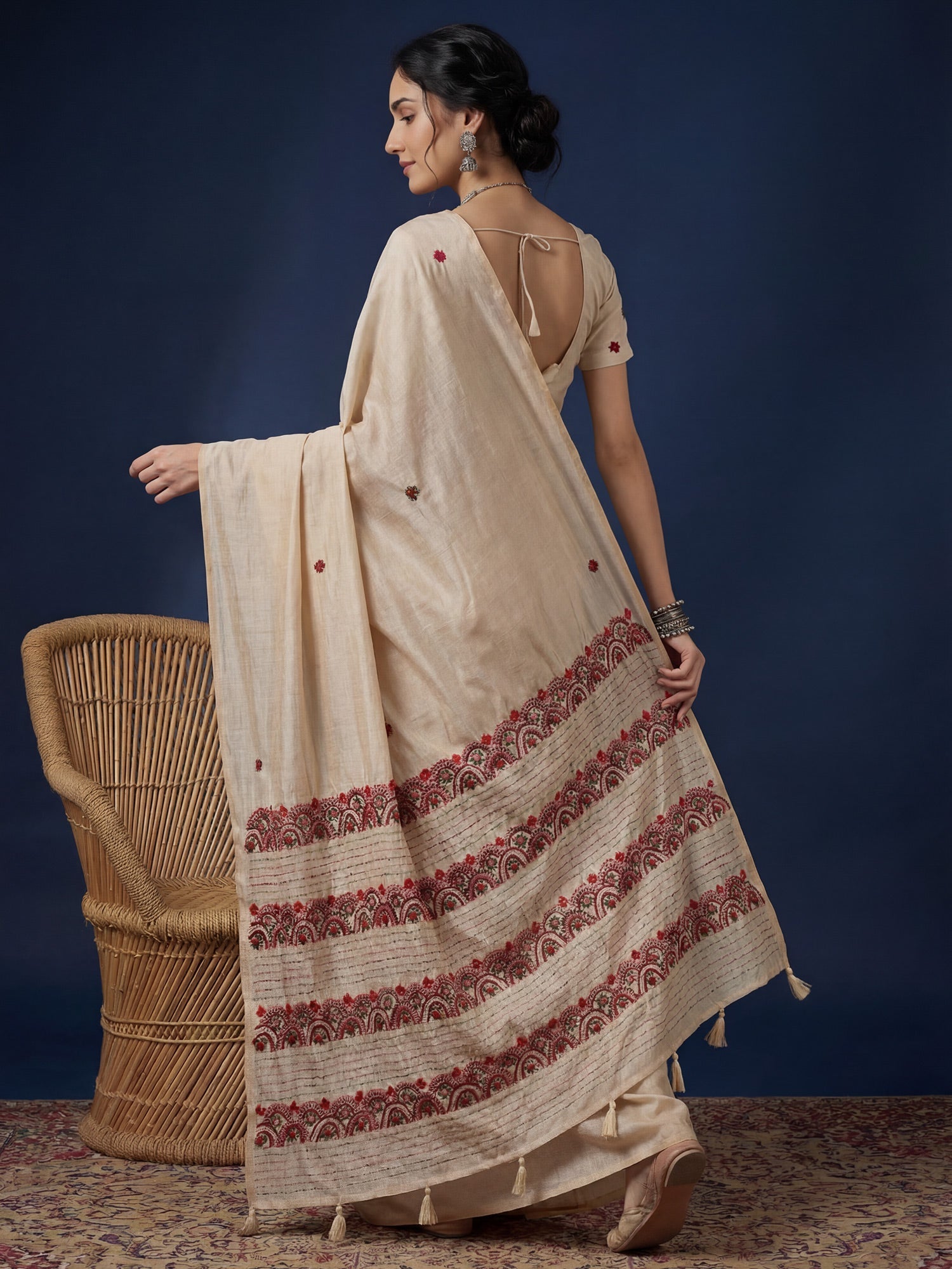 Ivory Embroidered Tussar Silk Saree - Ressa