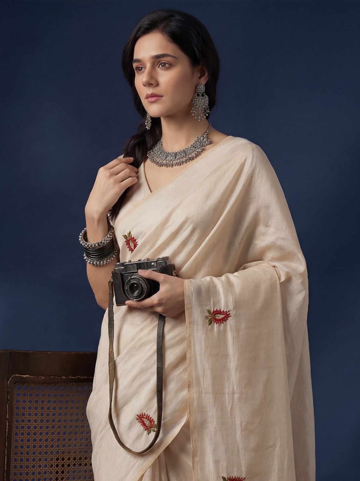Ivory Embroidered Tussar Silk Saree - Ressa