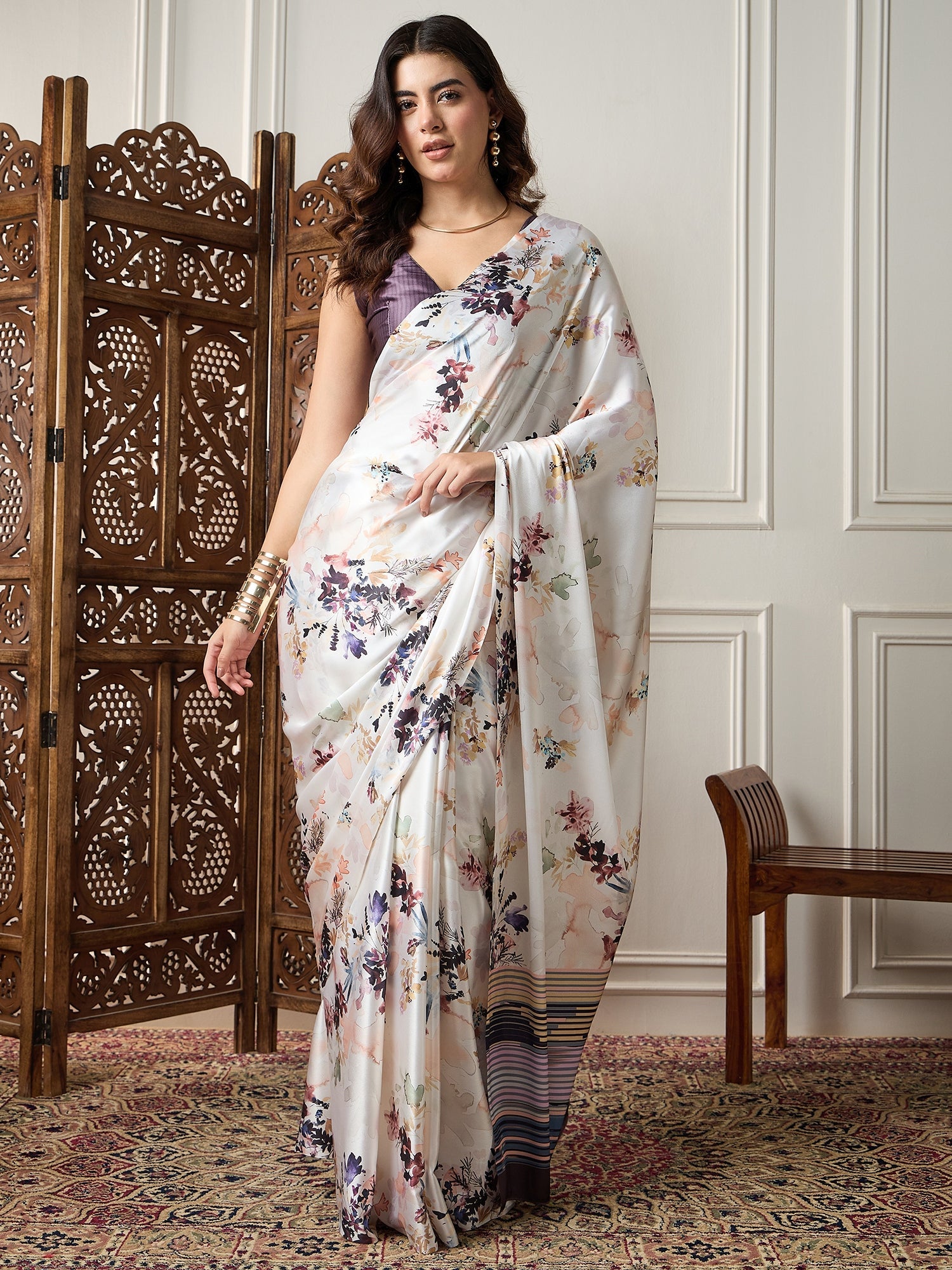 Ivory Floral Printed Satin Saree - Ressa