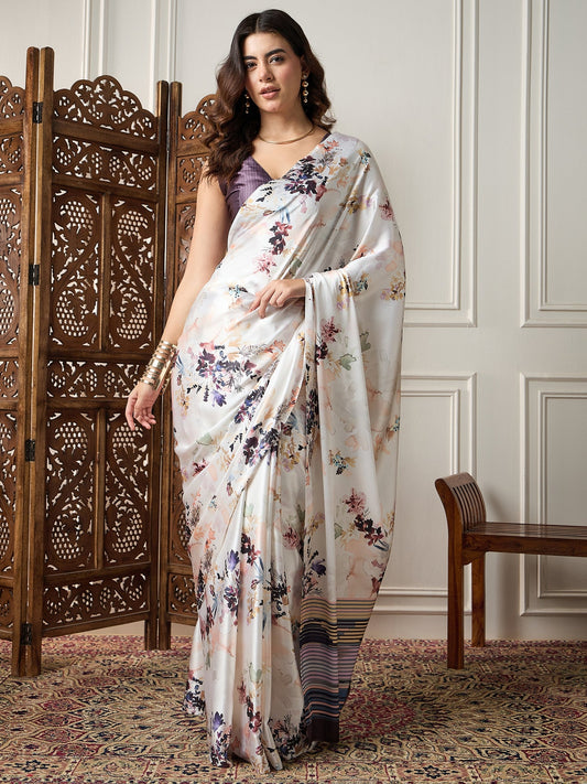 Ivory Floral Printed Satin Saree - Ressa