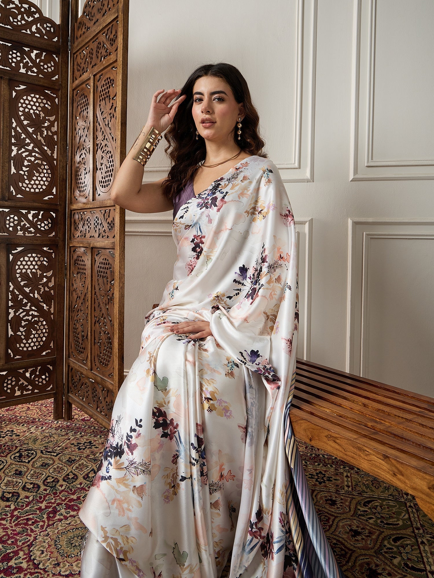 Ivory Floral Printed Satin Saree - Ressa