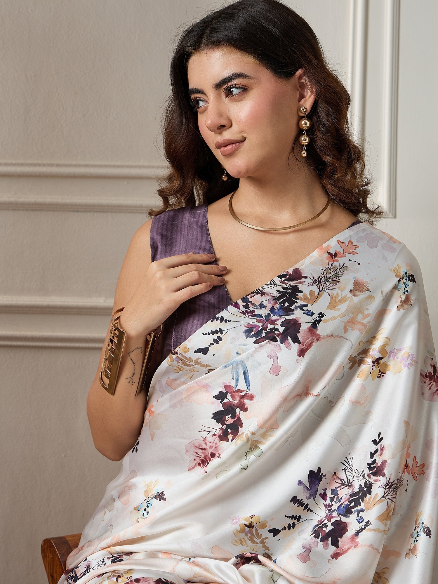 Ivory Floral Printed Satin Saree - Ressa