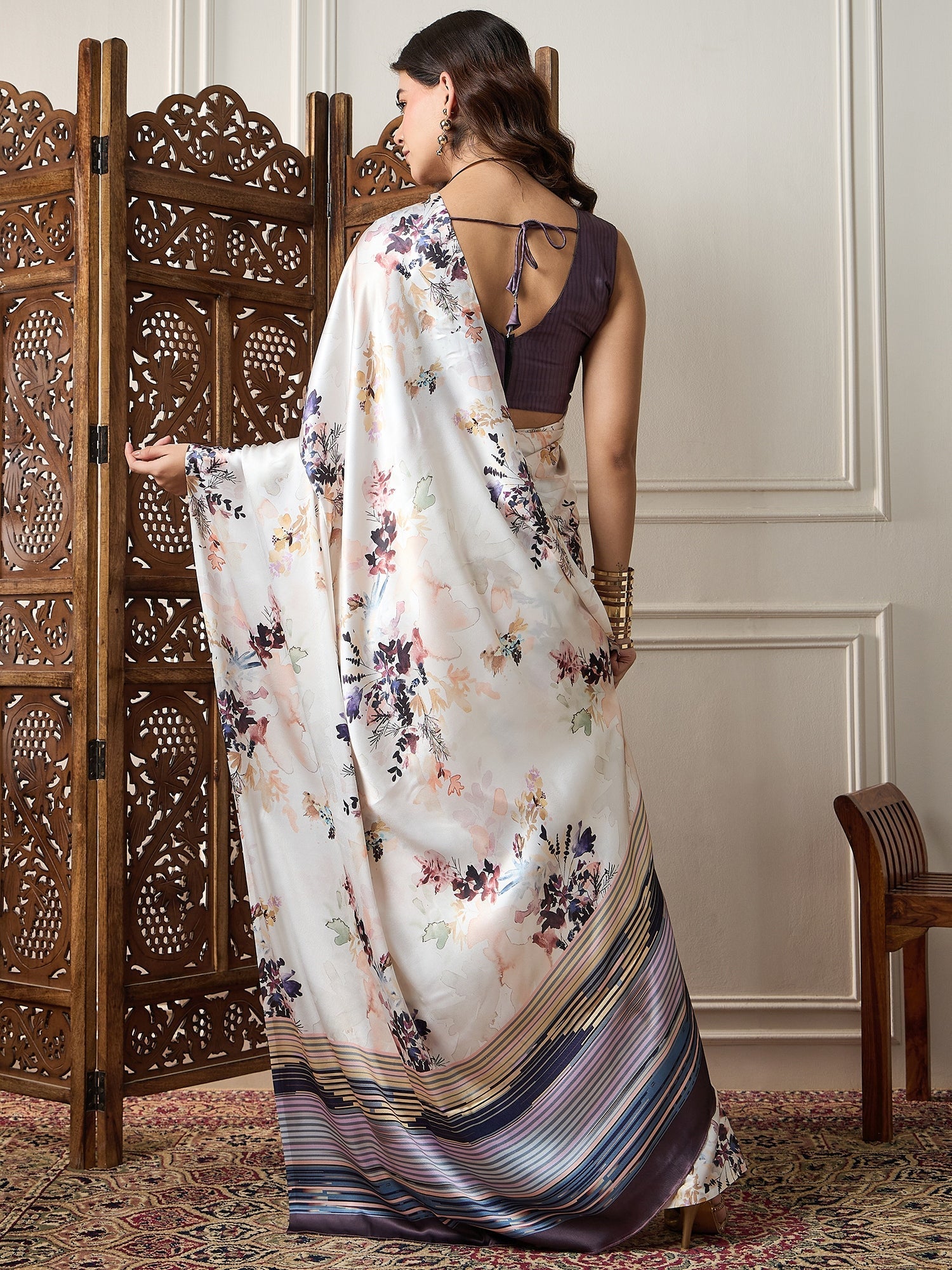 Ivory Floral Printed Satin Saree - Ressa