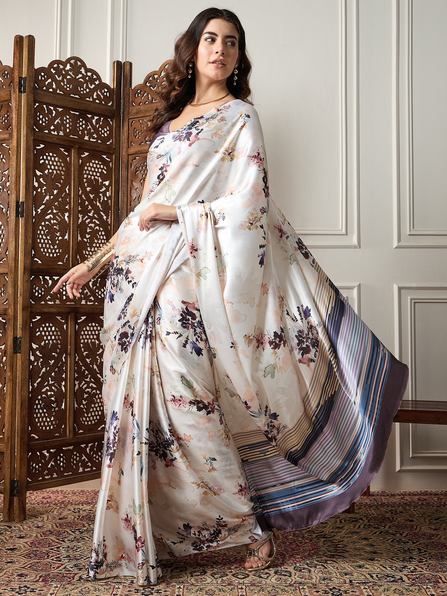 Ivory Floral Printed Satin Saree - Ressa