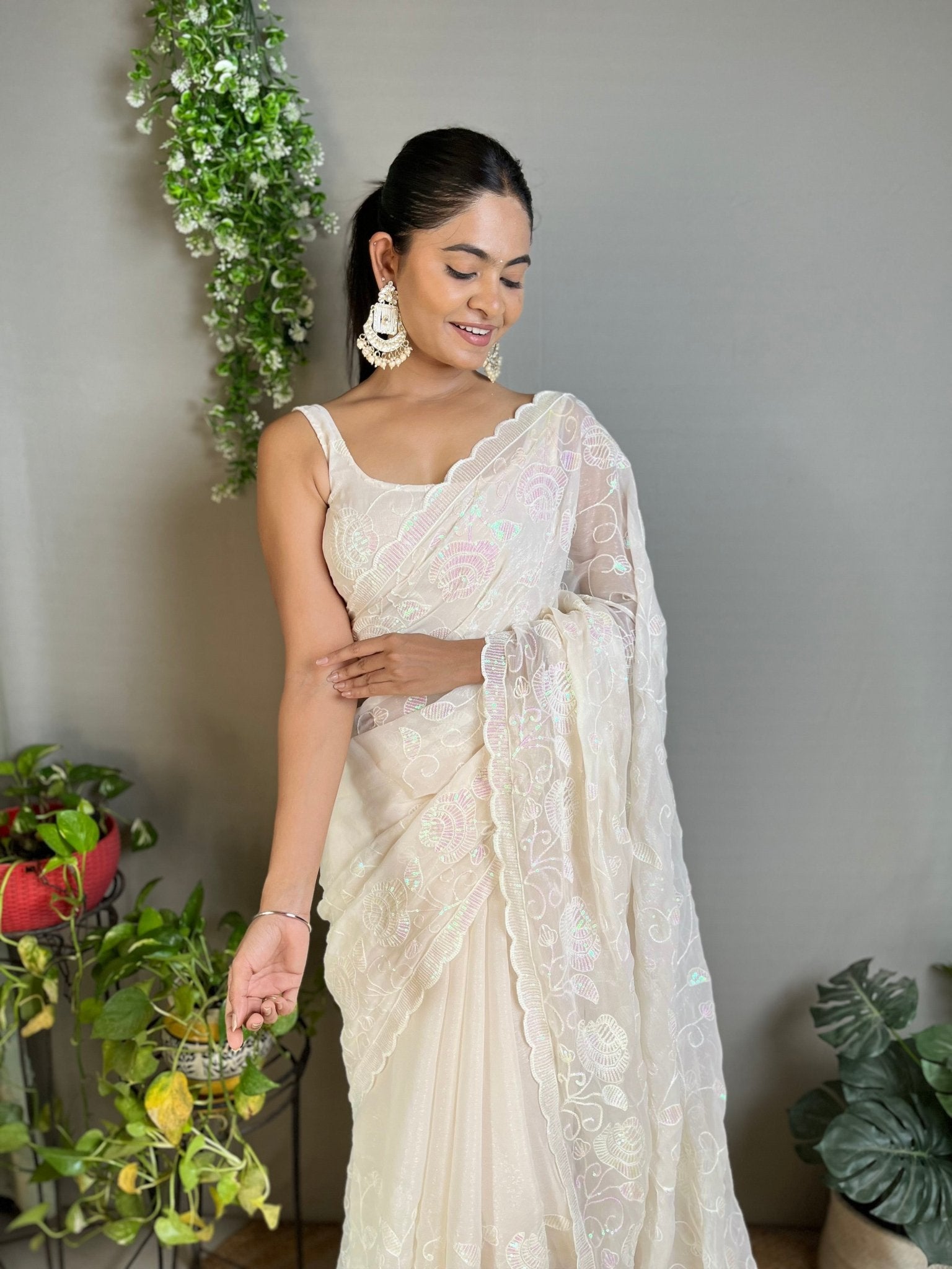 Ivory Georgette Embroidered Saree - Ressa