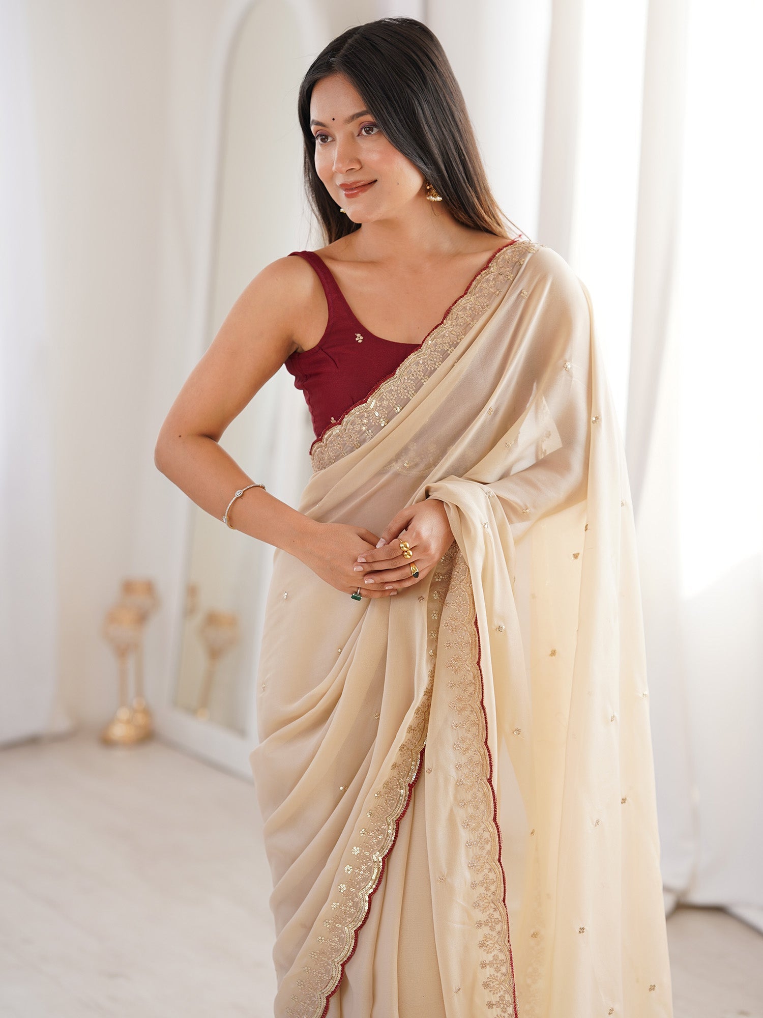 Ivory Georgette Embroidered Saree - Ressa
