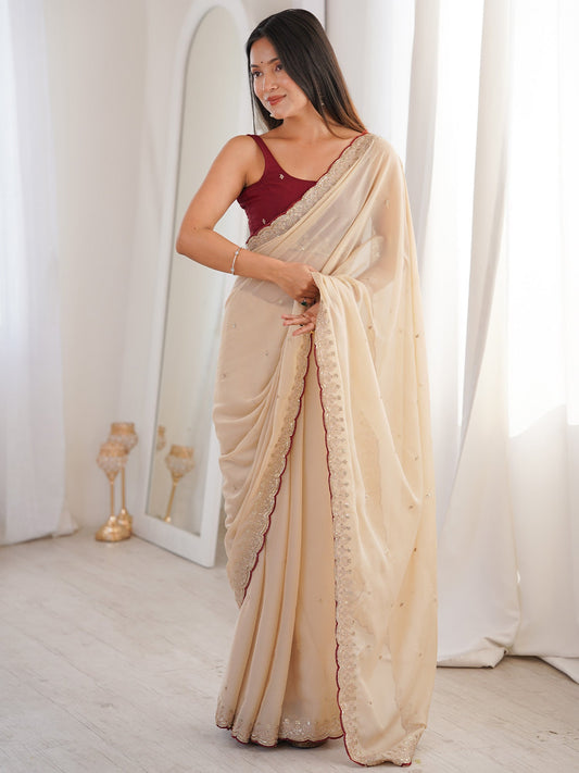 Ivory Georgette Embroidered Saree - Ressa