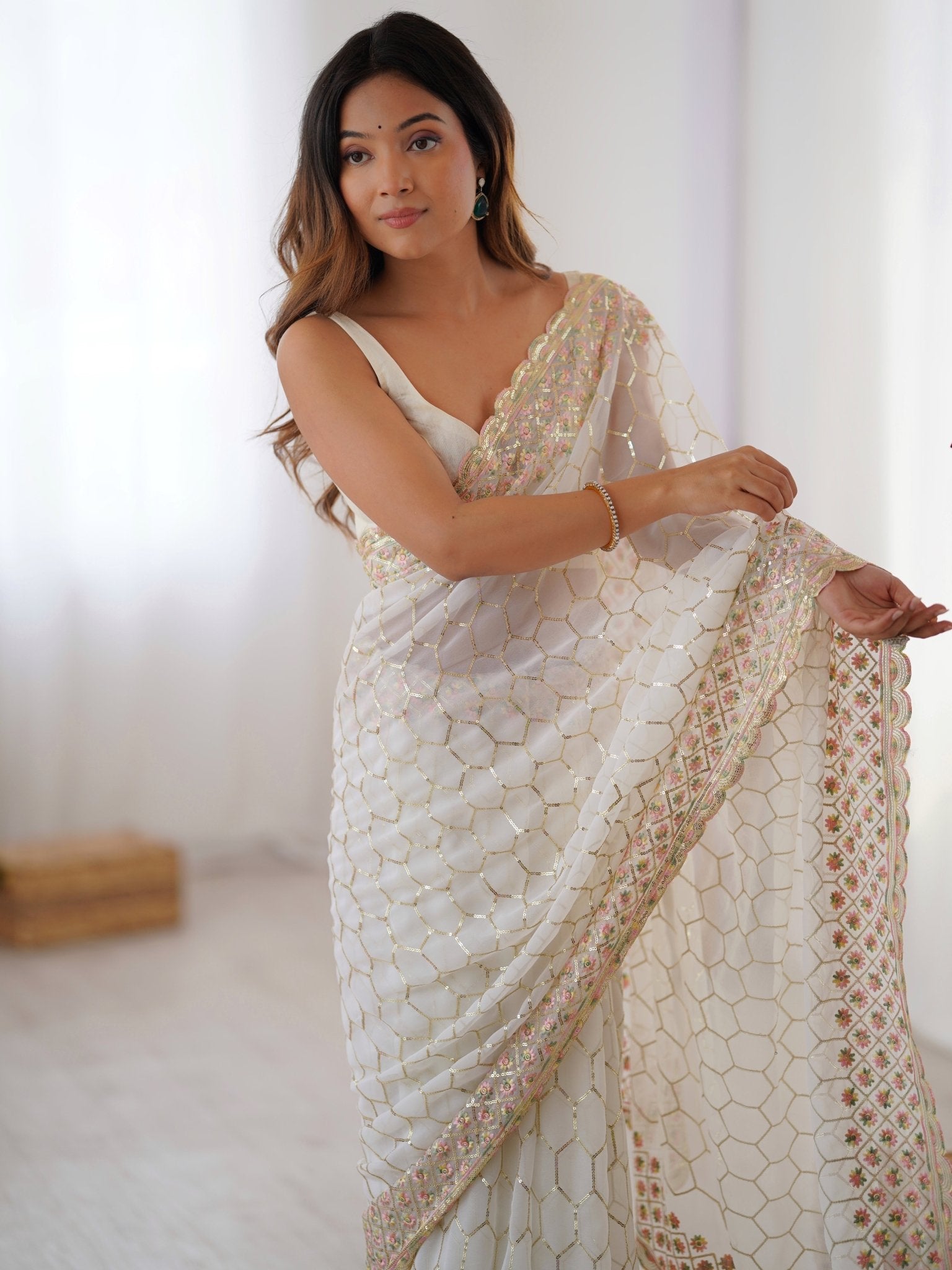 Ivory Georgette Sequin Saree with Blouse Piece - Ressa
