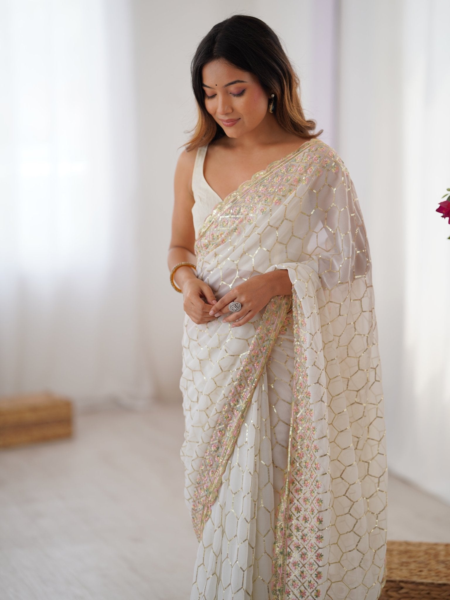 Ivory Georgette Sequin Saree with Blouse Piece - Ressa