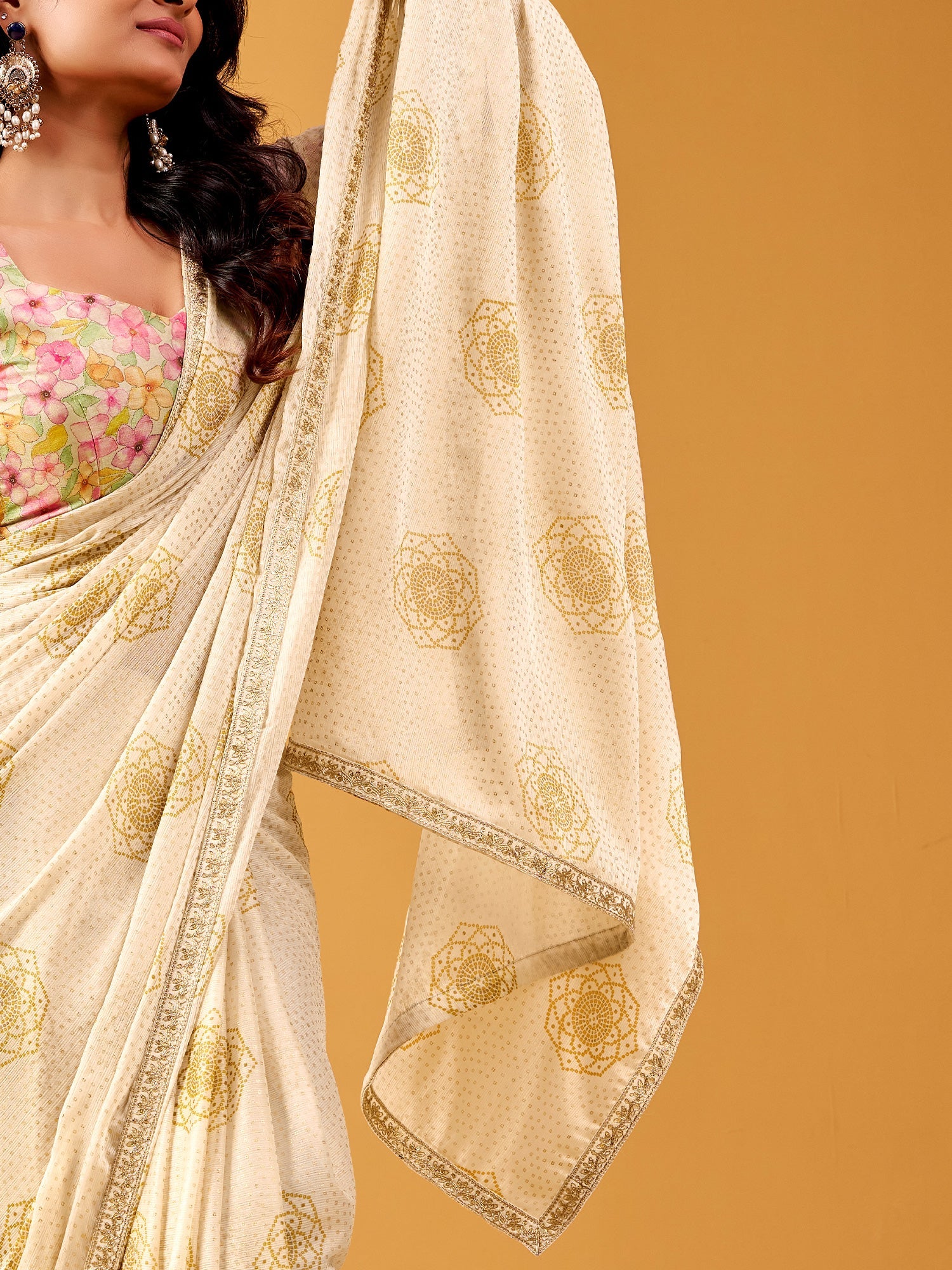 Ivory Gold Embroidered Chiffon Saree - Ressa