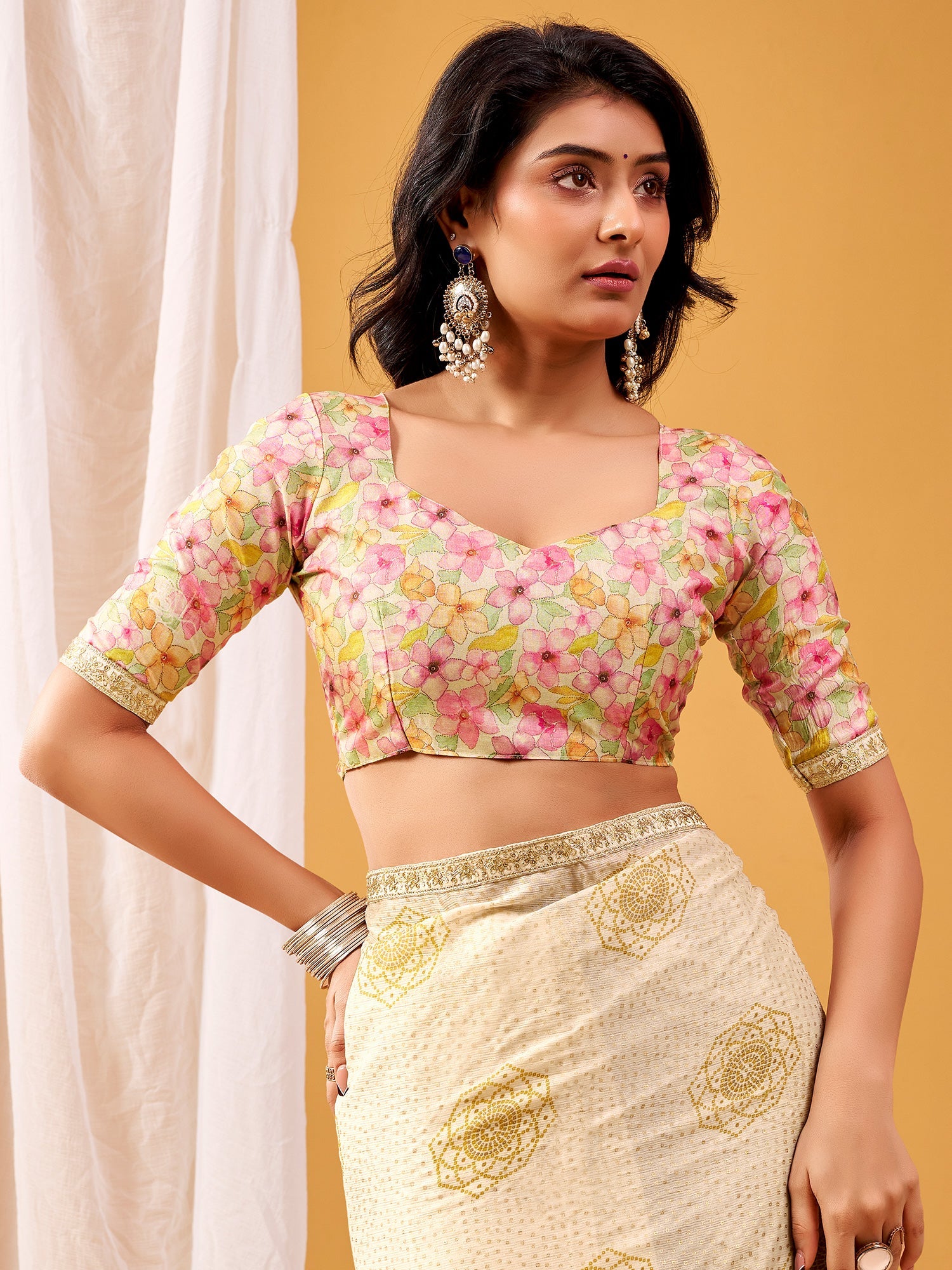 Ivory Gold Embroidered Chiffon Saree - Ressa