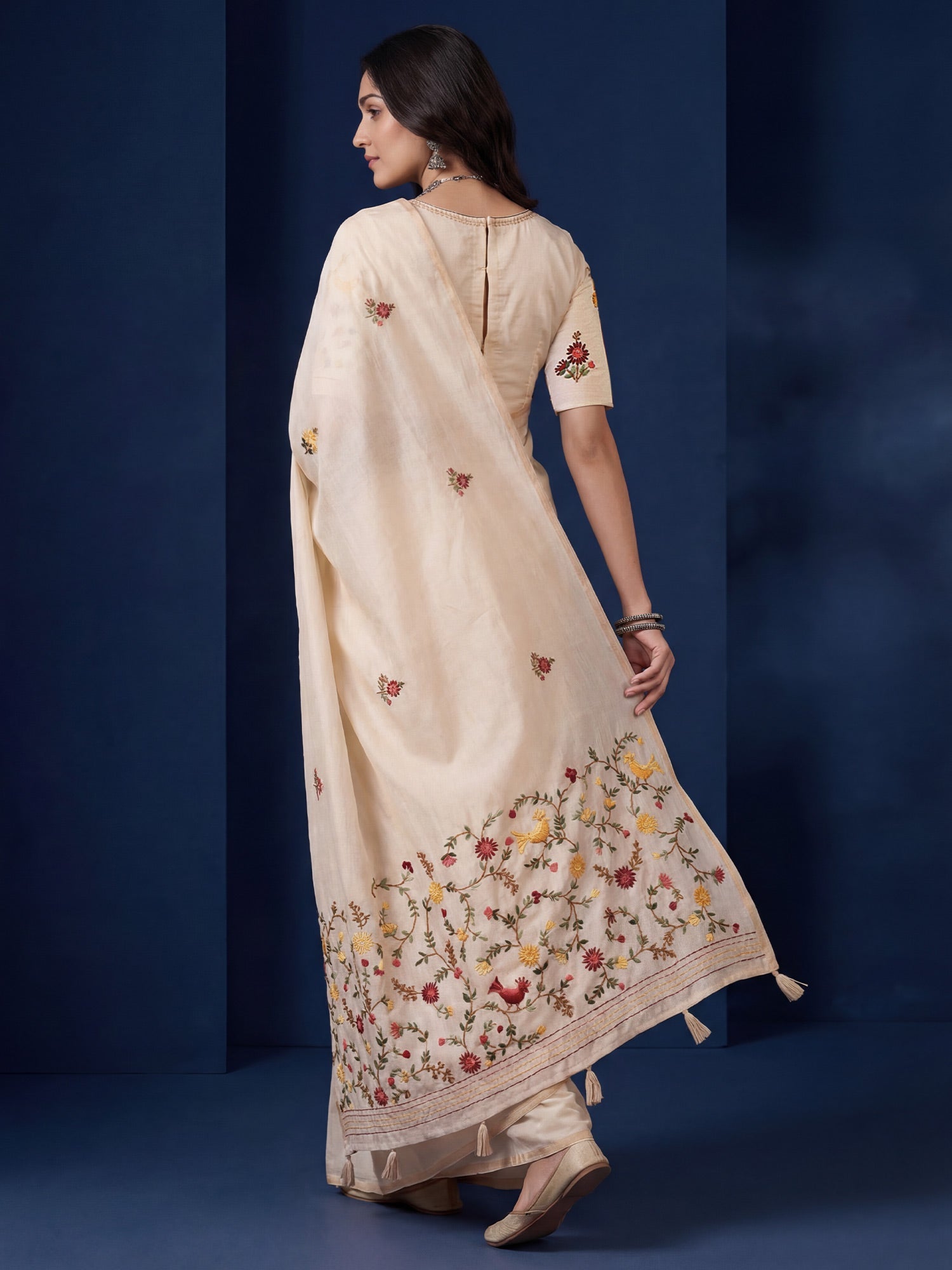 Ivory Handloom Tussar Silk Saree with Kashmiri Floral Embroidery - Ressa