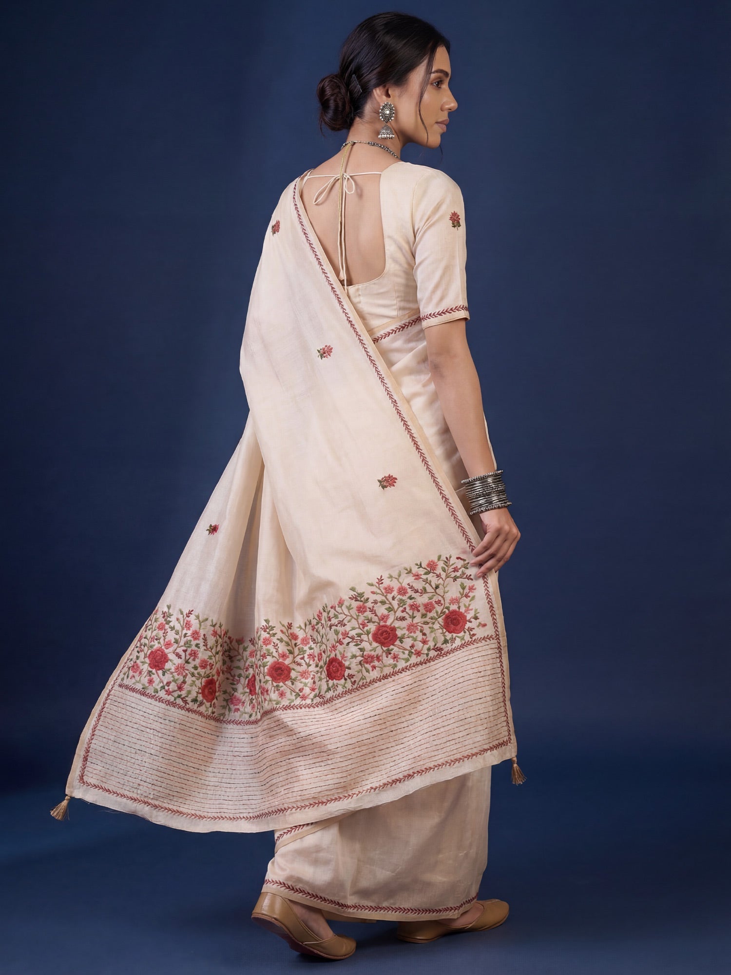 Ivory Handloom Tussar Silk Saree with Kashmiri Floral Embroidery - Ressa