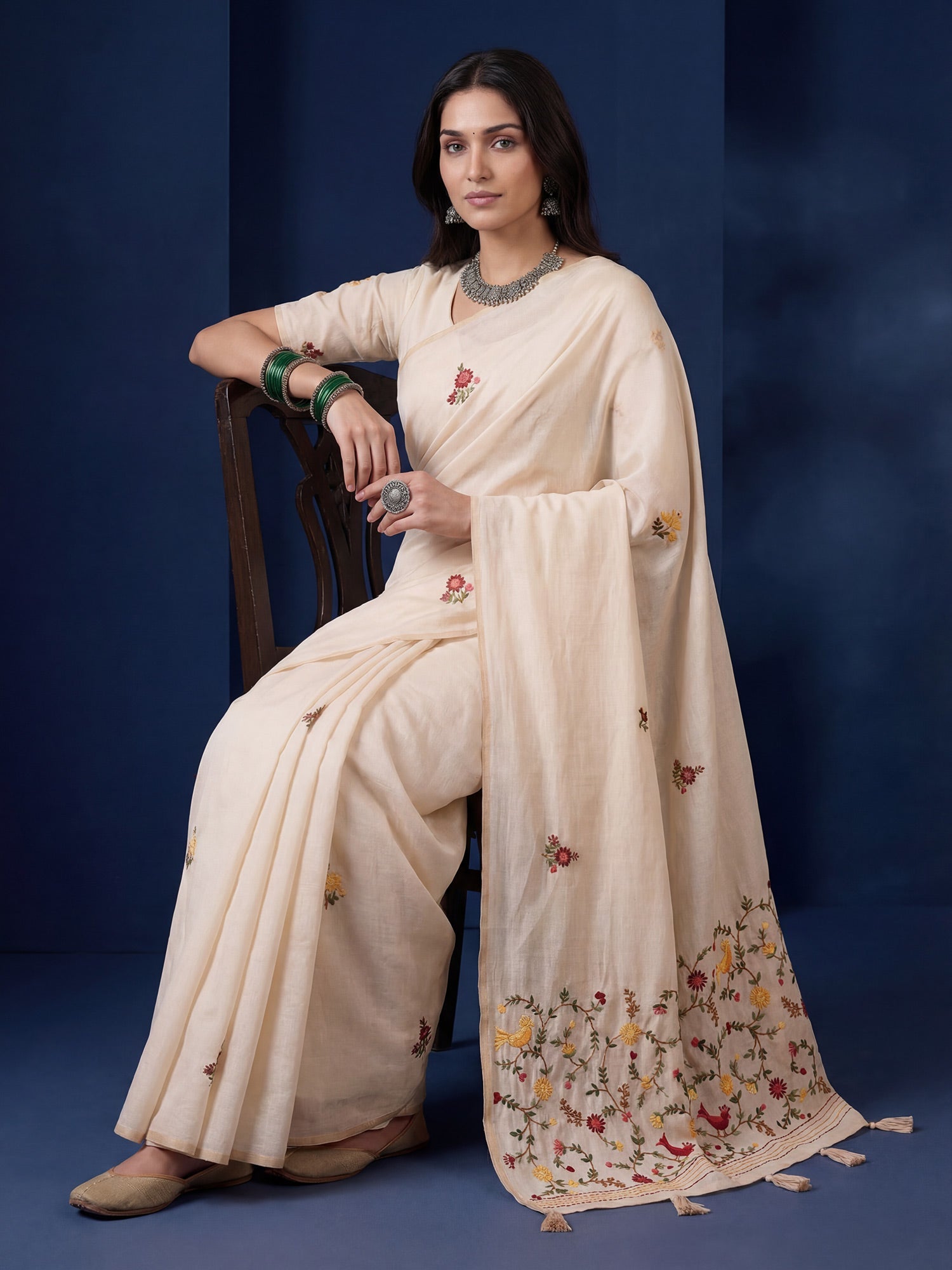 Ivory Handloom Tussar Silk Saree with Kashmiri Floral Embroidery - Ressa