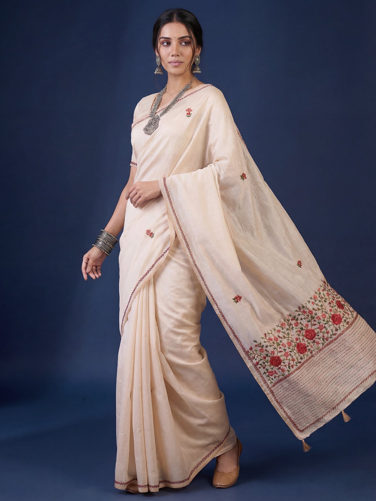 Ivory Handloom Tussar Silk Saree with Kashmiri Floral Embroidery - Ressa