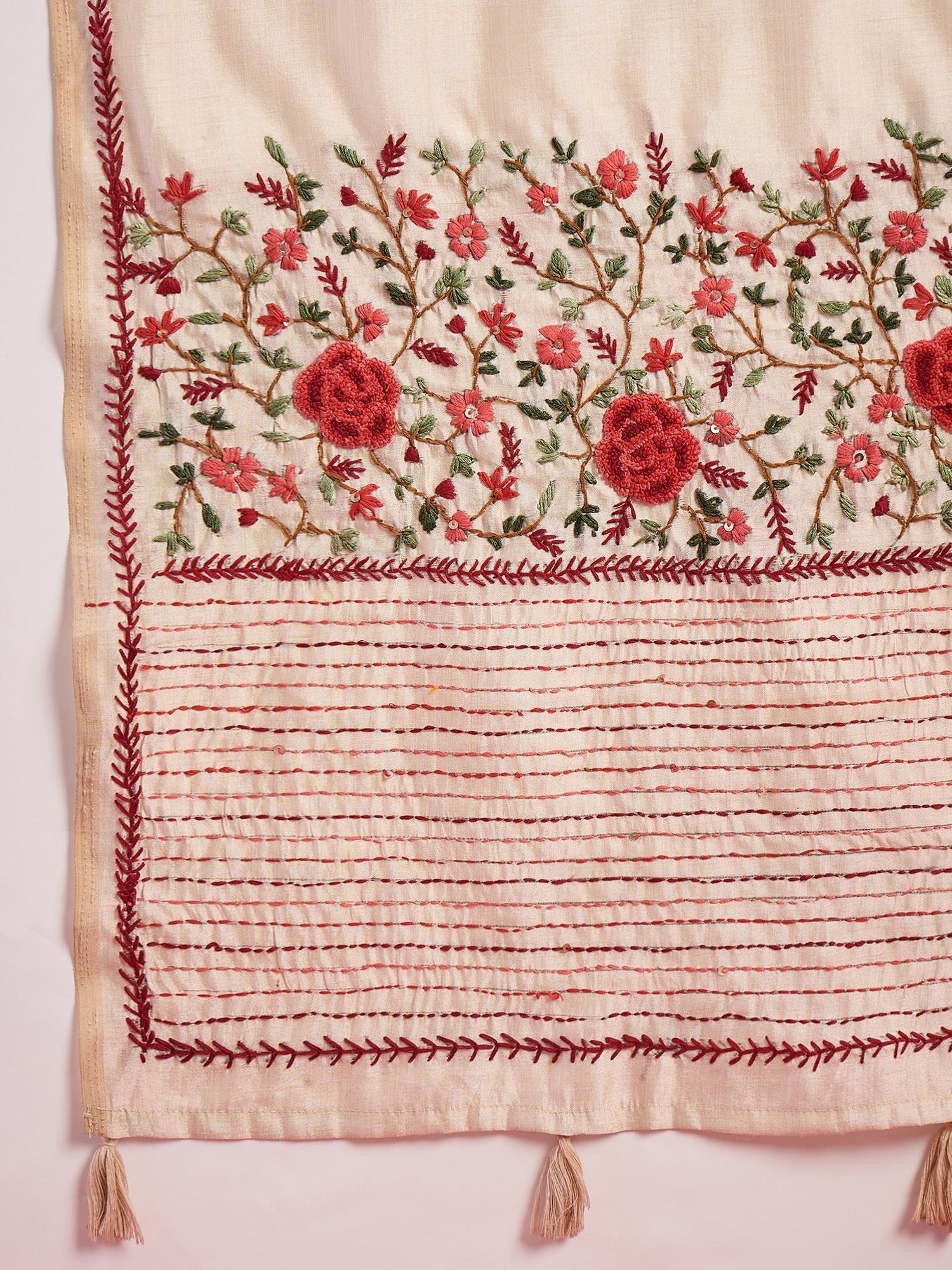 Ivory Handloom Tussar Silk Saree with Kashmiri Floral Embroidery - Ressa
